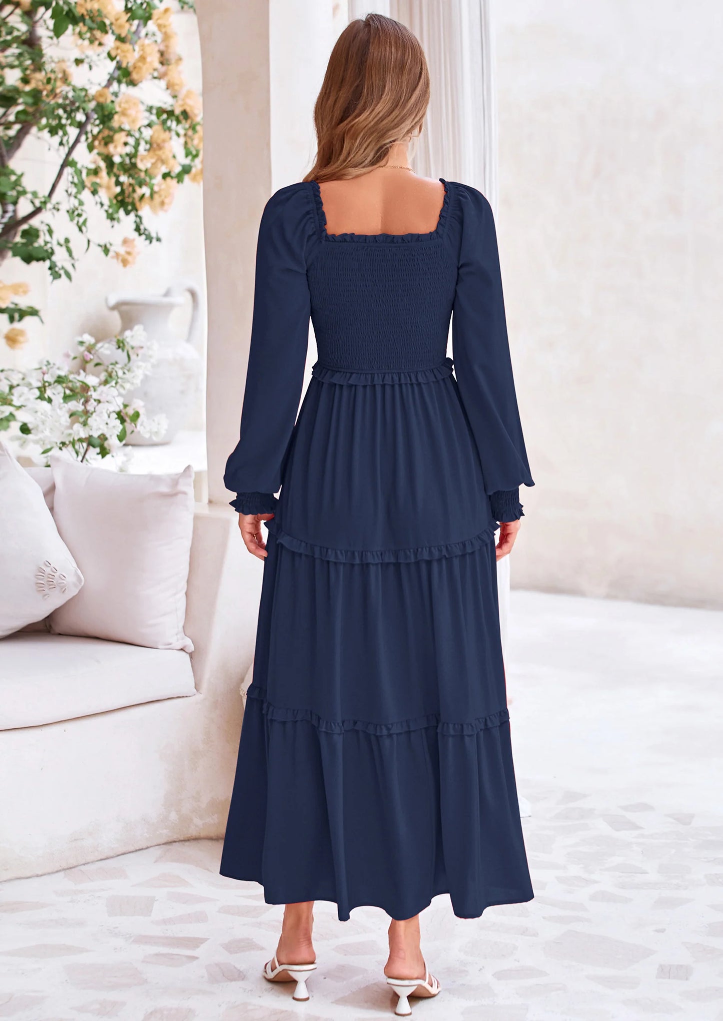 Fall Wedding Guest Dresses for Women Long Sleeve Square Neck Tiered A Line Modest Elegant Flowy Dresses