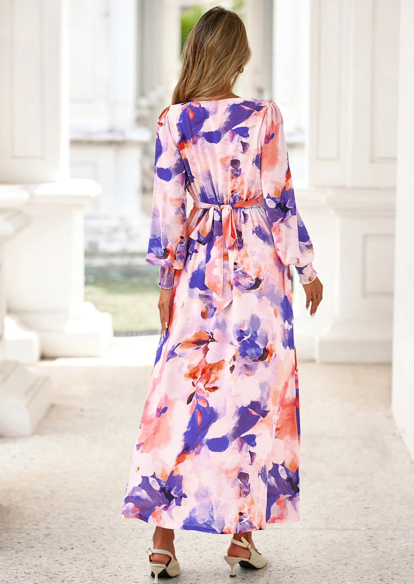Women's Fall Boho Maxi Dress Floral Long Sleeve V Neck Flowy Belted Elegant Holiday Party Dresses