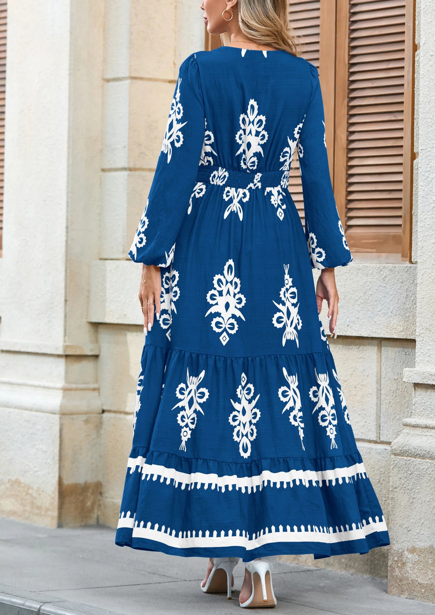 Women's Fall Wedding Guest Dresses Boho Floral Long Sleeve V Neck Flowy Elegant Maxi Dress Beach Clothes