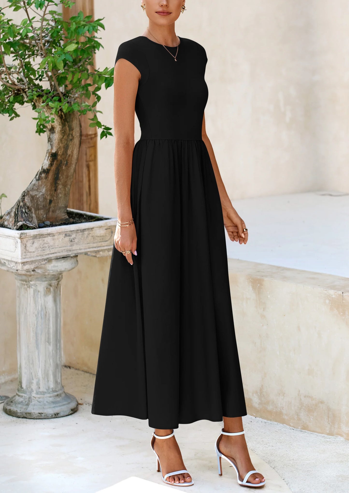 Women's Casual Long Dresses Cap Sleeve Patchwork A Line Flowy Modest Elegant Homecoming Maxi Dress