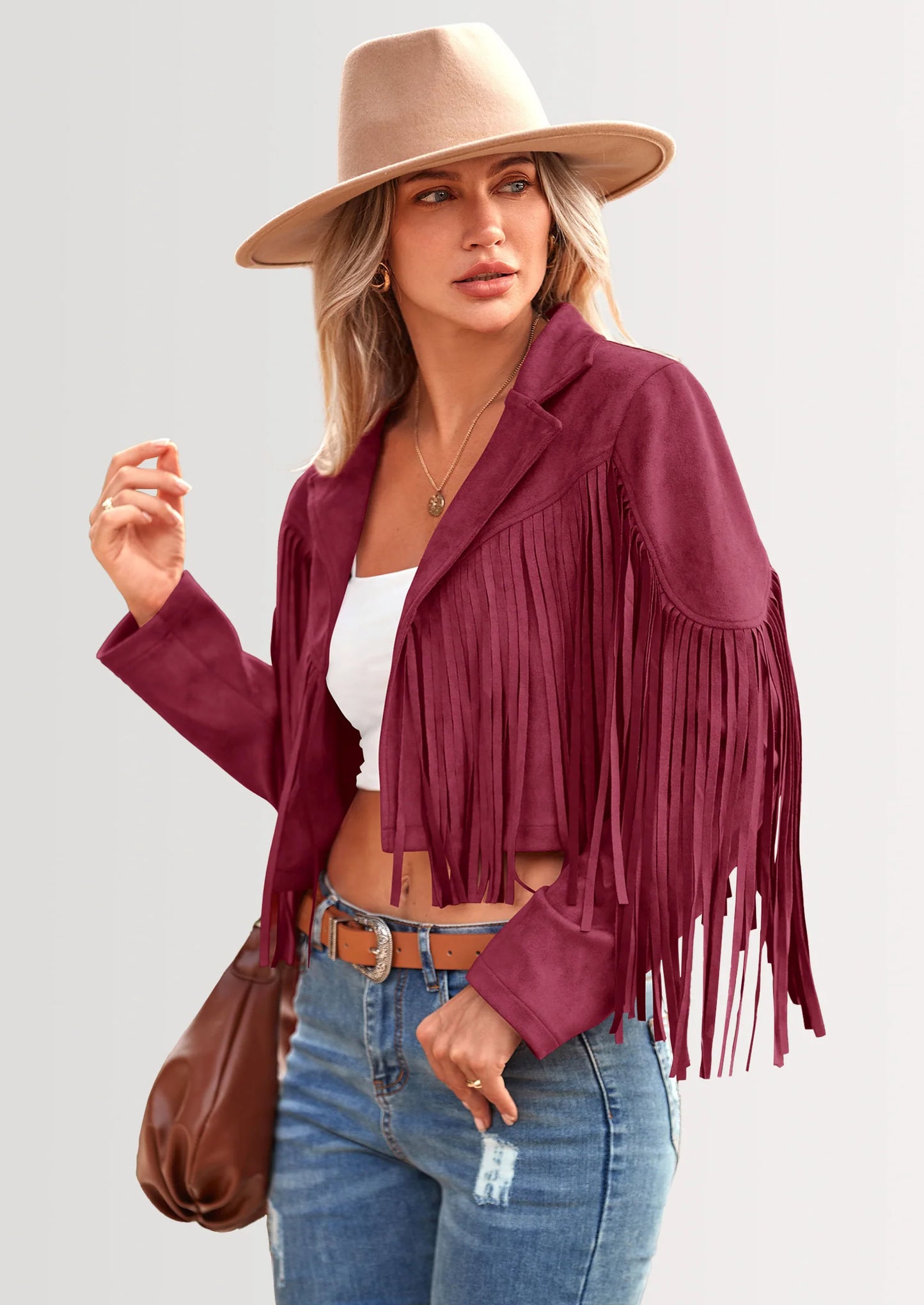 Women's Fringe Faux Suede Leather Jackets Fashion Tassel Motorcycle Cropped Coats