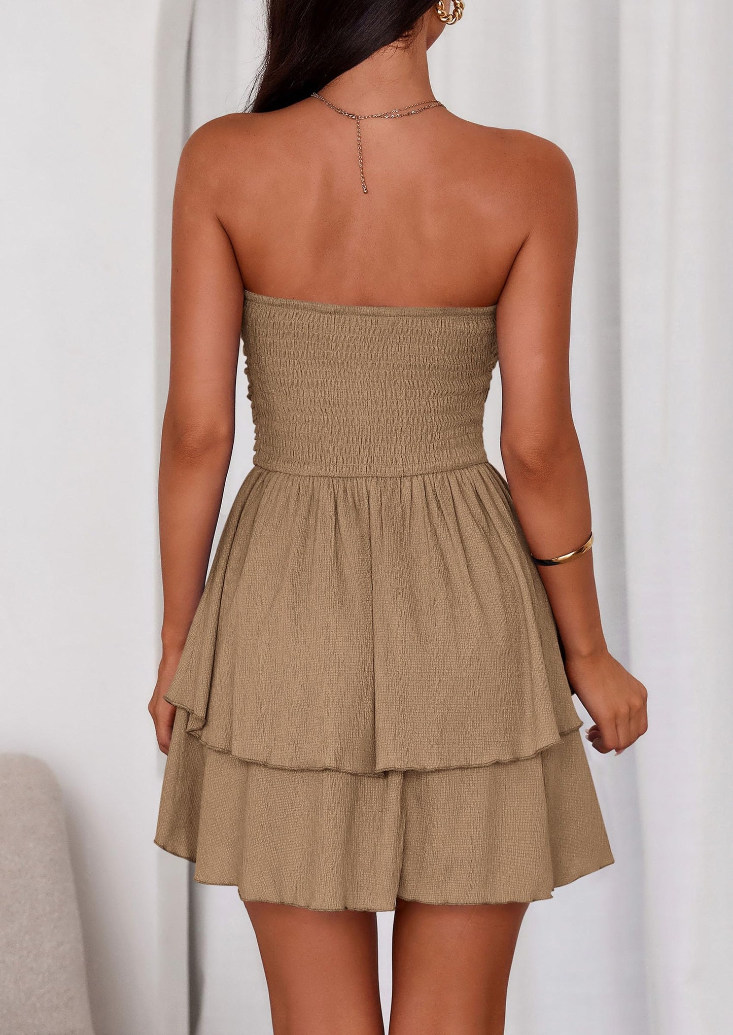 Women's Summer Strapless Tube Mini Dress Off Shoulder Smocked Ruffle A Line Flowy Short Party Club Dresses