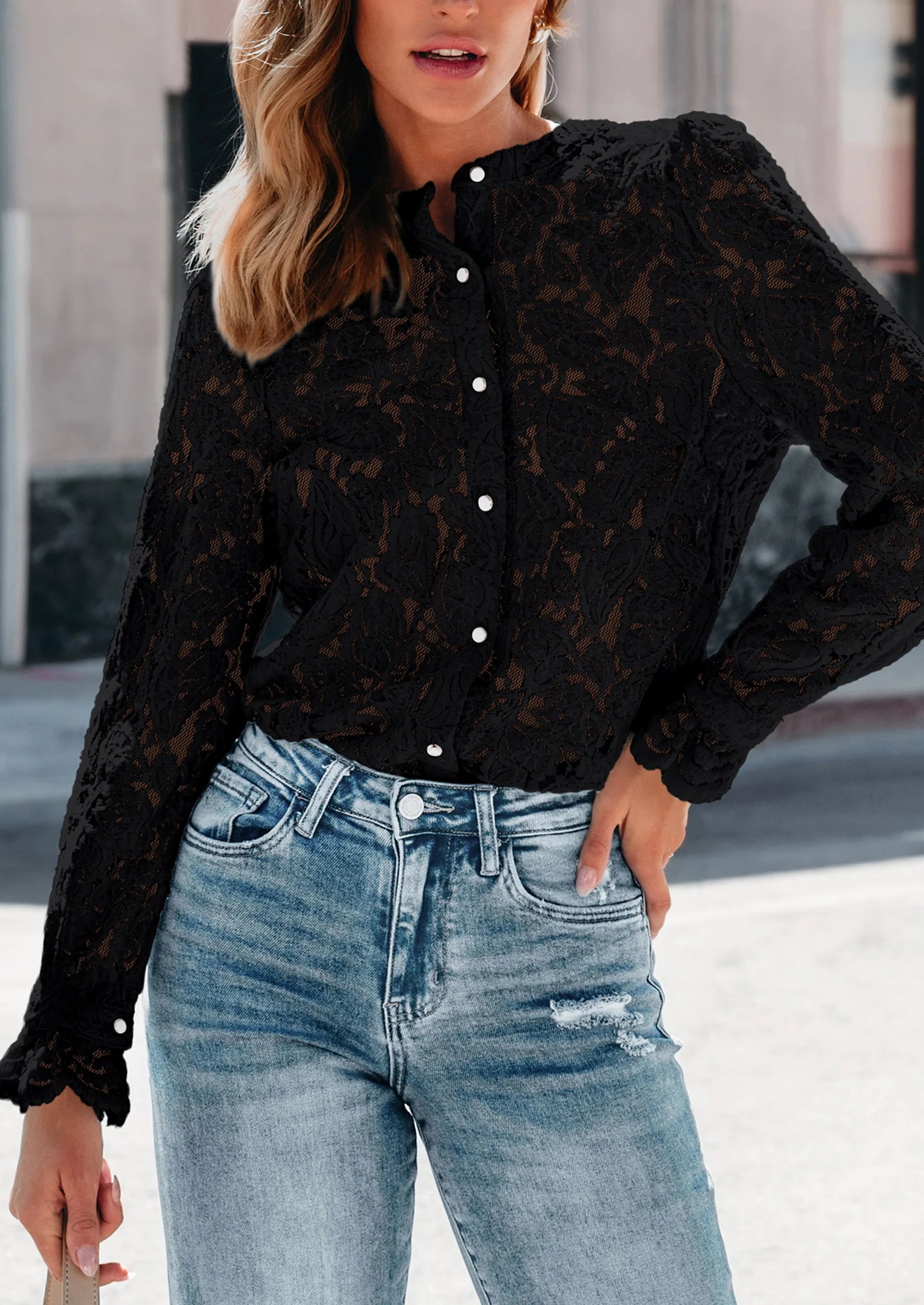 Women's Dressy Casual Lace Blouse Long Sleeve Button Up Shirts Tops Spring Fall Fashion Clothes