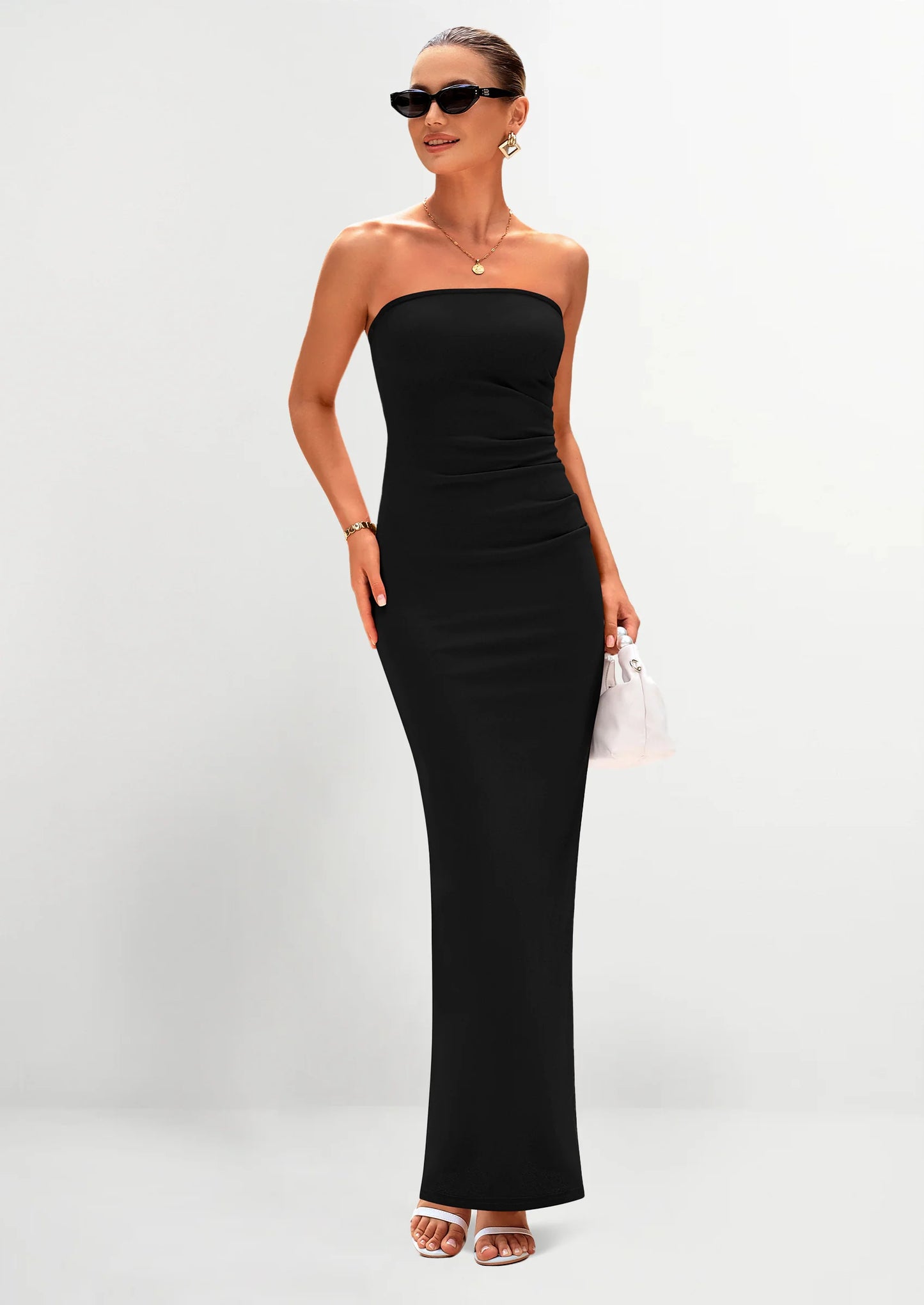 Women's Semi Formal Cocktail Dresses Strapless Tube Bodycon Ruched Evening Wedding Guest Maxi Dress