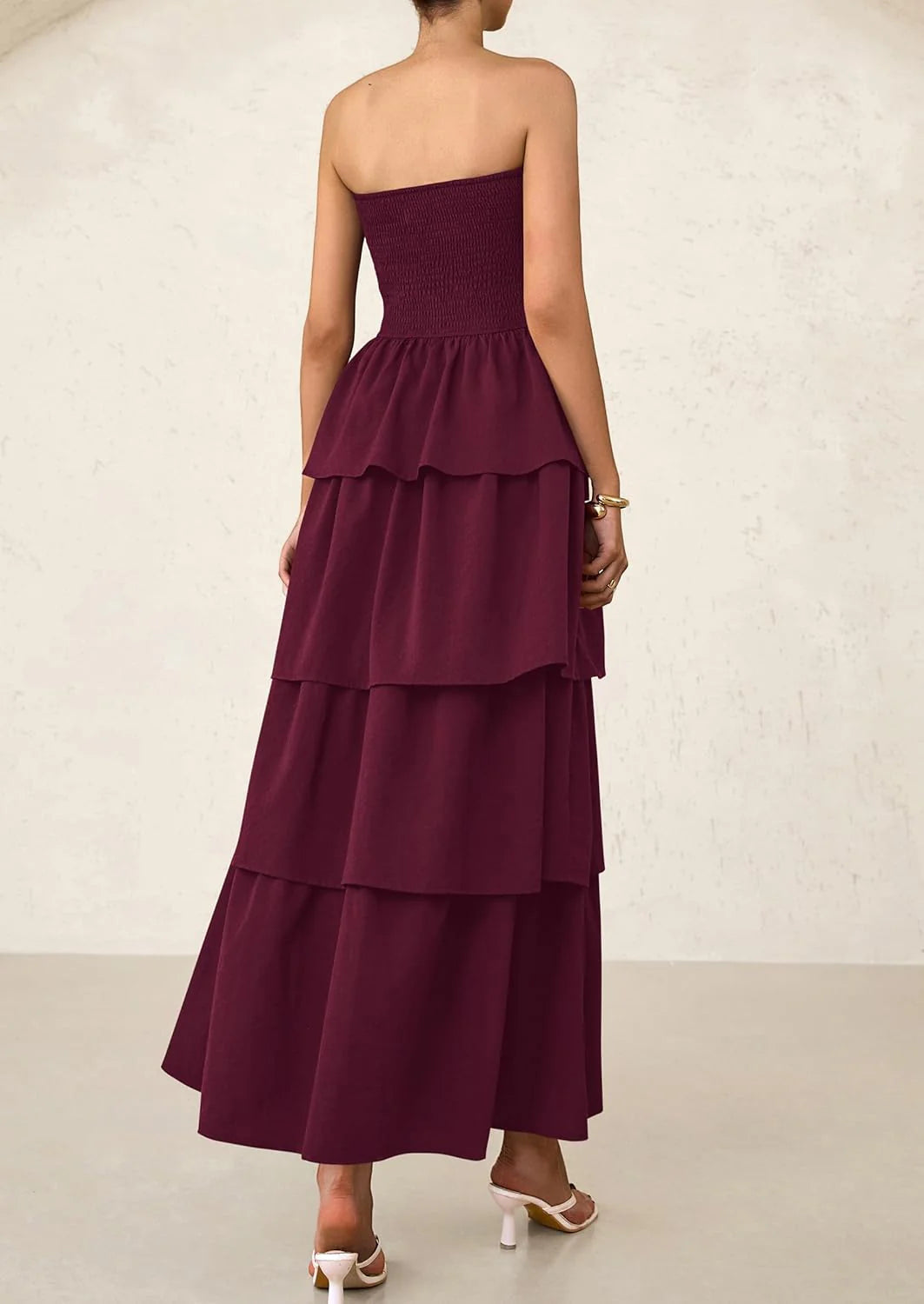 Maxi Dresses for Women Off Shoulder Smocked Tiered Ruffle Long Flowy Wedding Guest Dress