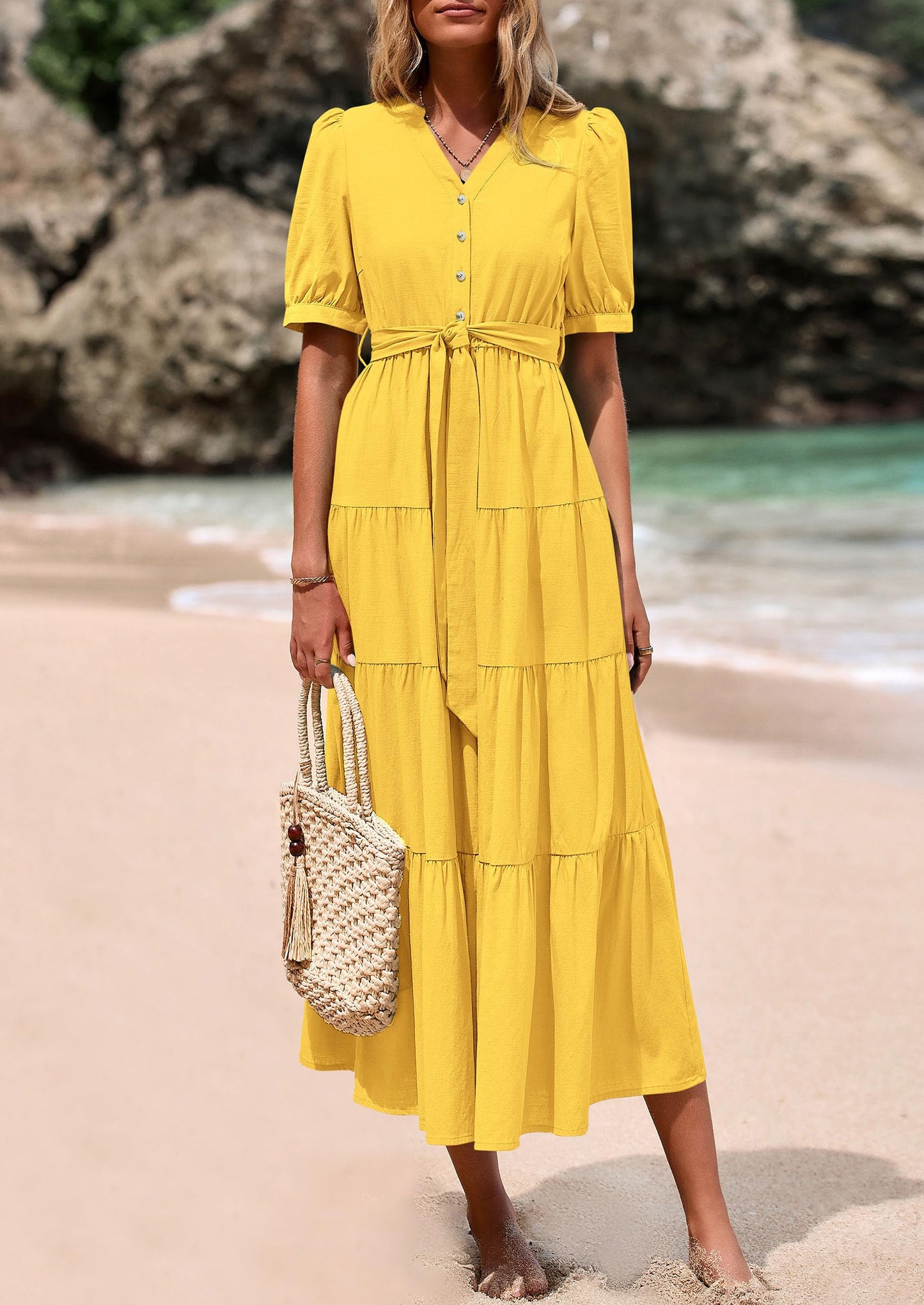 Women's Midi Dress Casual Short Sleeve V Neck Buttons Belted Ruffle A Line Flowy Dress with Pockets