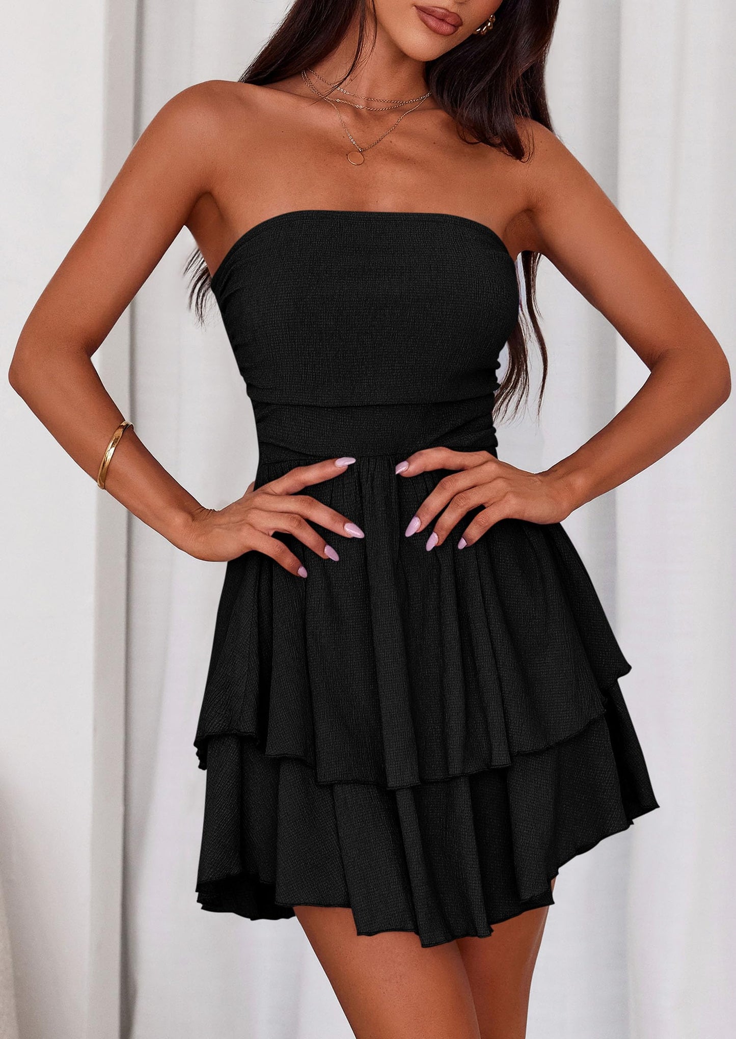 Women's Summer Strapless Tube Mini Dress Off Shoulder Smocked Ruffle A Line Flowy Short Party Club Dresses