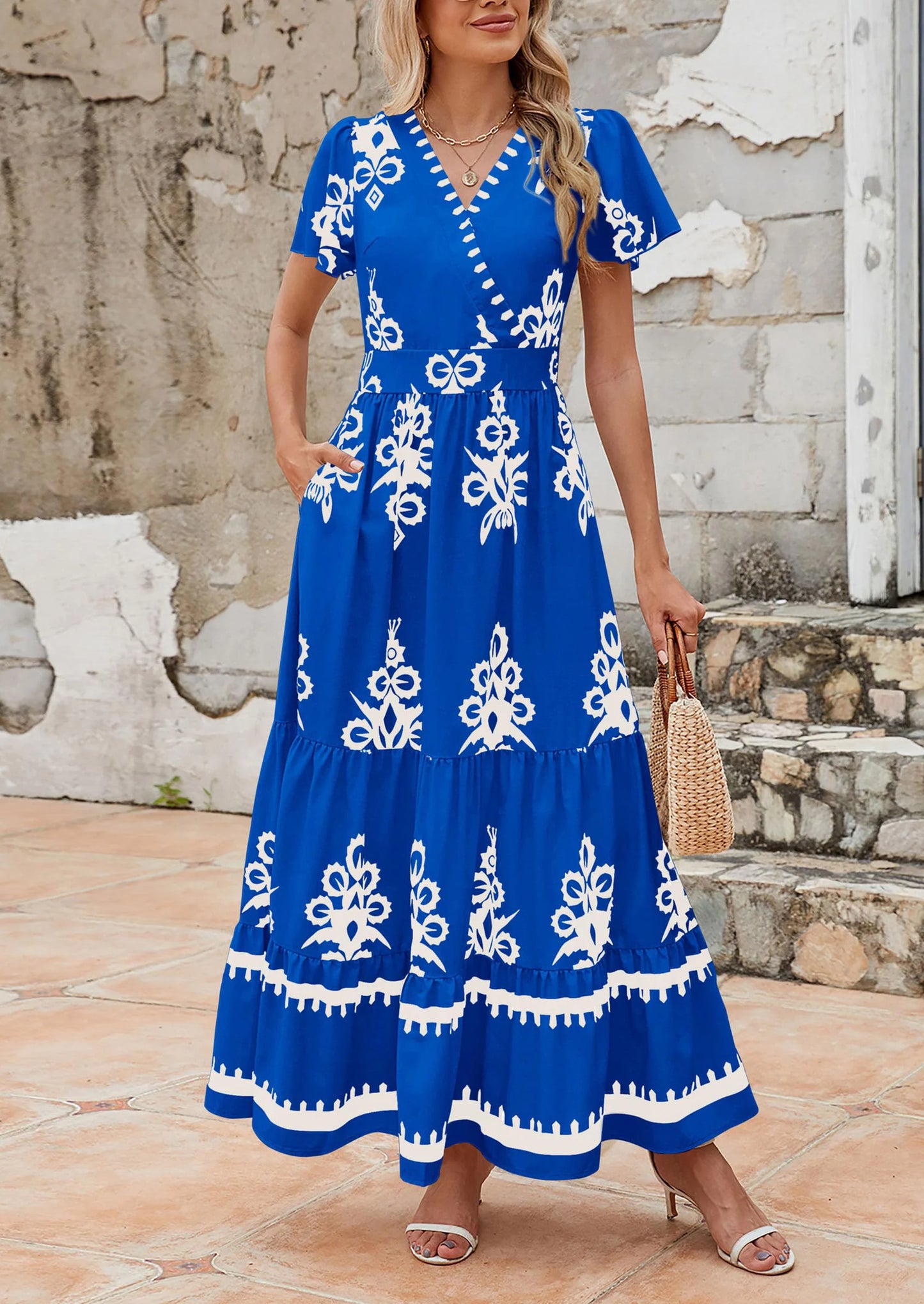 Womens Casual V Neck Boho Maxi Dress Flowy Aline Bell Sleeve Tiered Floral Dresses with Pocket