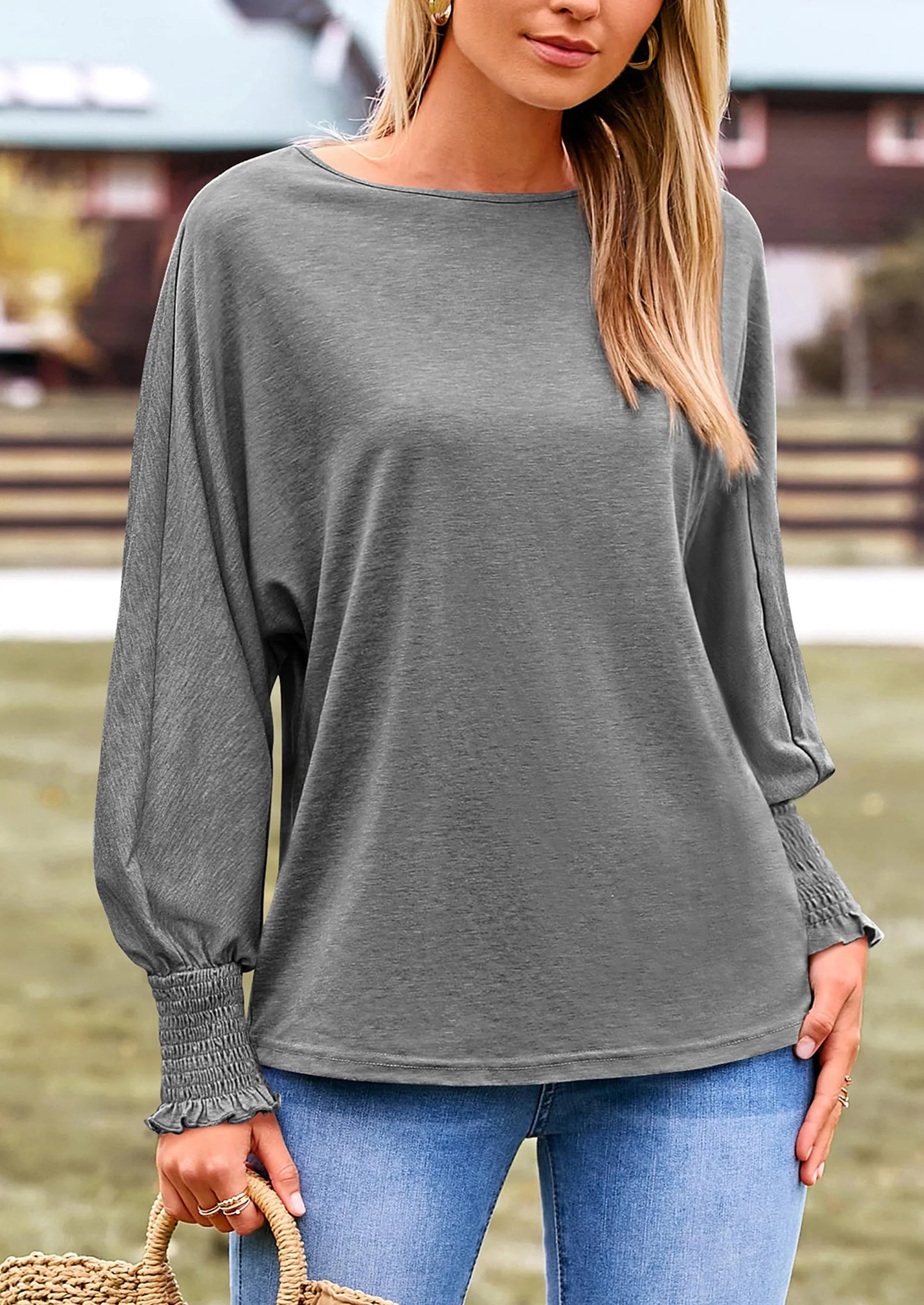 Women's Spring Fashion T Shirts Puff Long Sleeve Crewneck Casual Basic Tee Tops Blouses