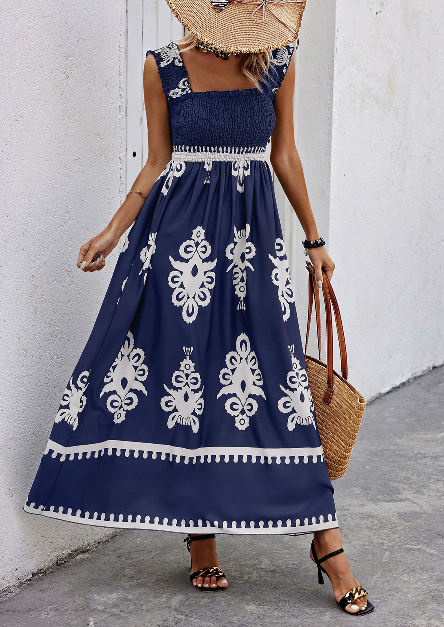 Womens Summer Boho Maxi Dress Casual Sleeveless Square Neck Floral Aline Smocked Beach Dresses with Pockets