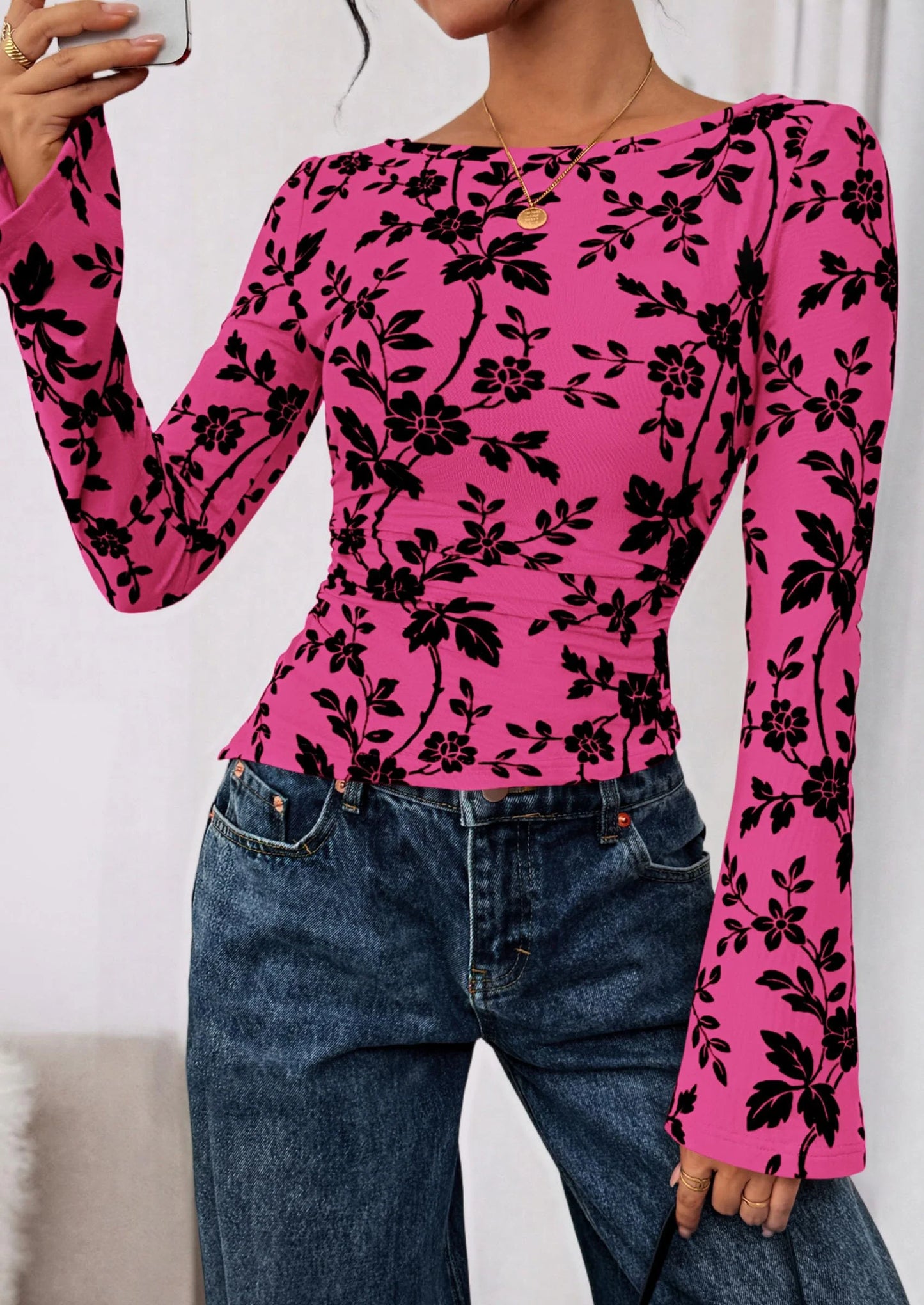 Women Long Sleeve Floral Mesh Tops Blouse  Fall Trendy Boat Neck Ruched Fitted Shirt Going Out Date Outfits