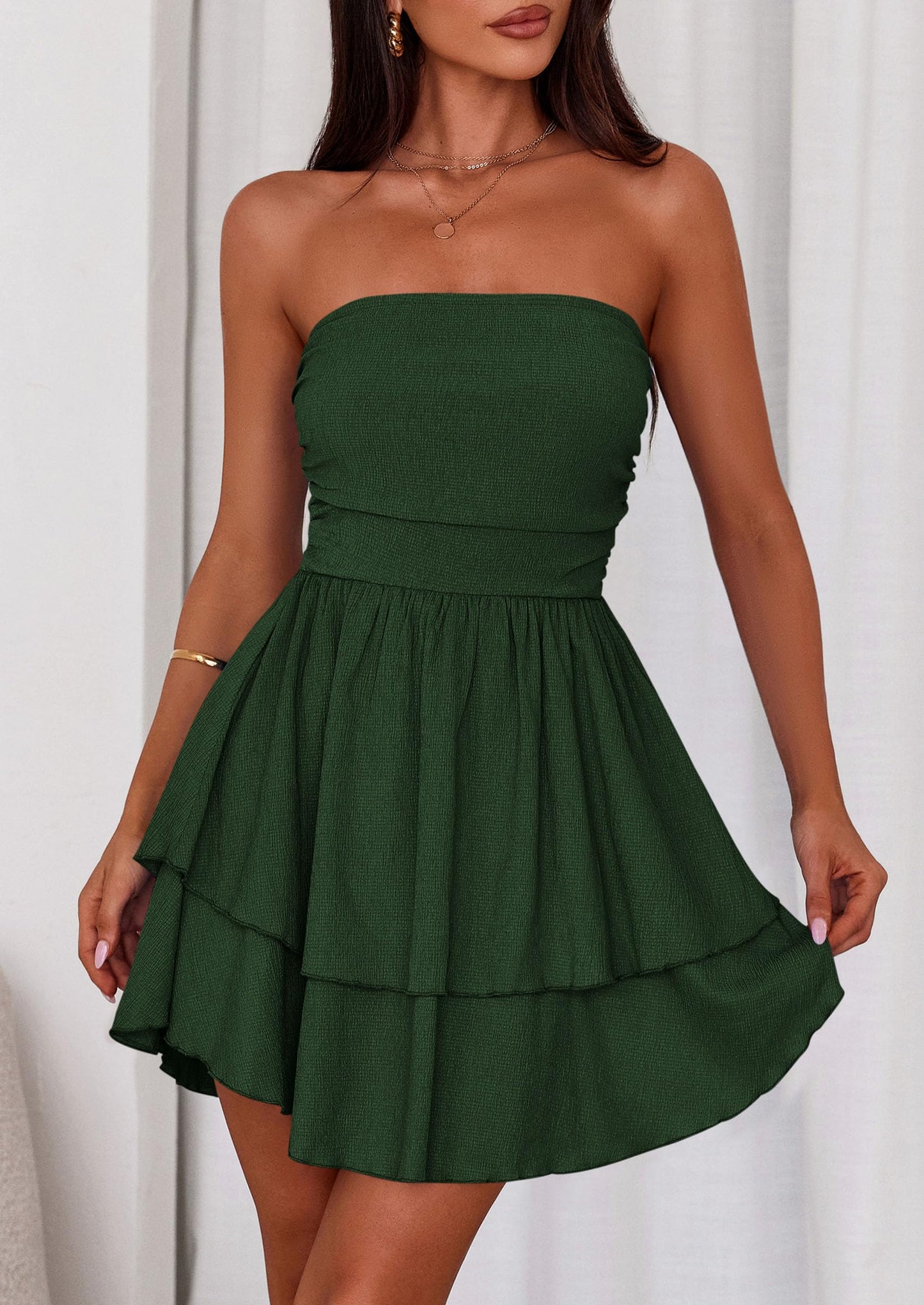 Women's Summer Strapless Tube Mini Dress Off Shoulder Smocked Ruffle A Line Flowy Short Party Club Dresses