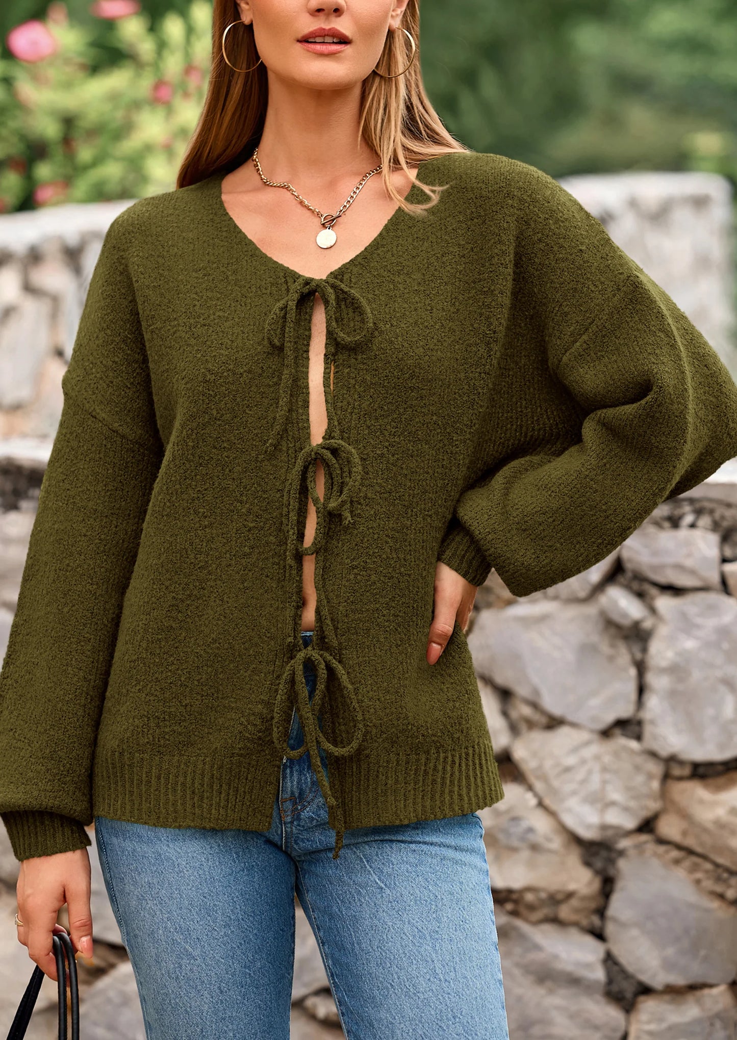 Women's Tie Front Bow Cardigan Sweaters Chunky Knit Long Puff Sleeve Trendy Fall Winter Jacket Coats