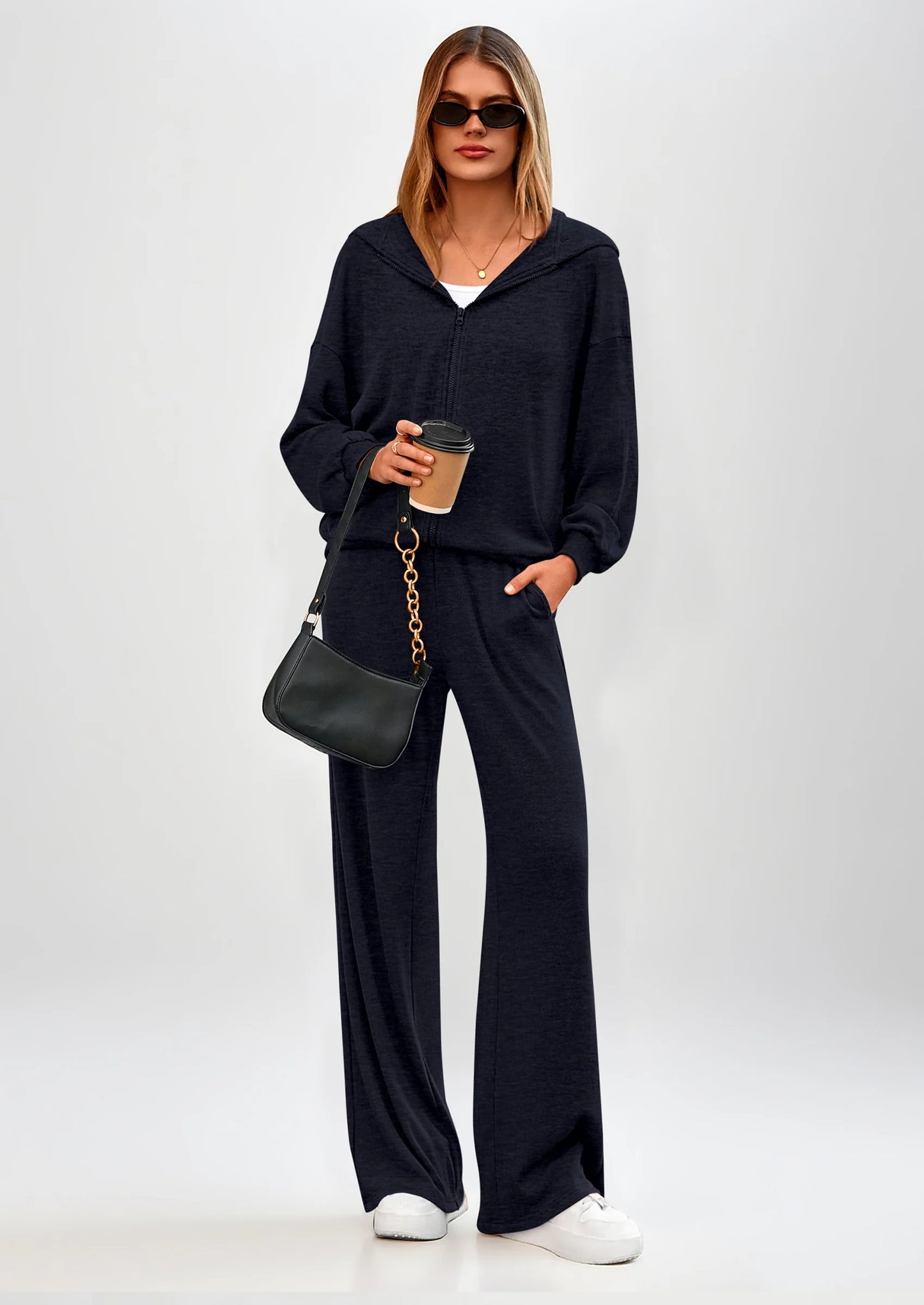 Women's 2 Piece Fall Lounge Sets Zip Up Hoodie Wide Leg Pants Tracksuit Matching Travel Outfits Clothes