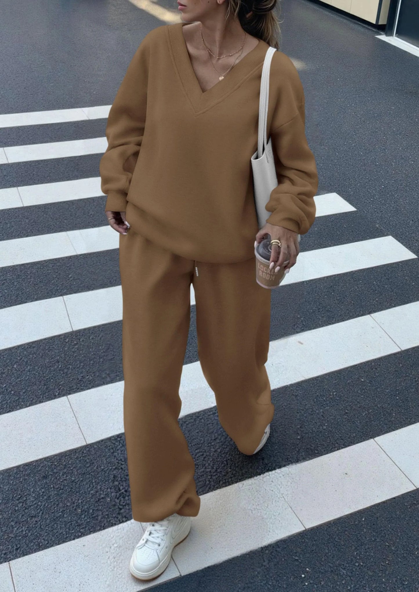 Casual Winter Two Piece Sets for Women V Neck Sweatshirt Loose Wide Leg Pants Tracksuit Knit Fall Outfits