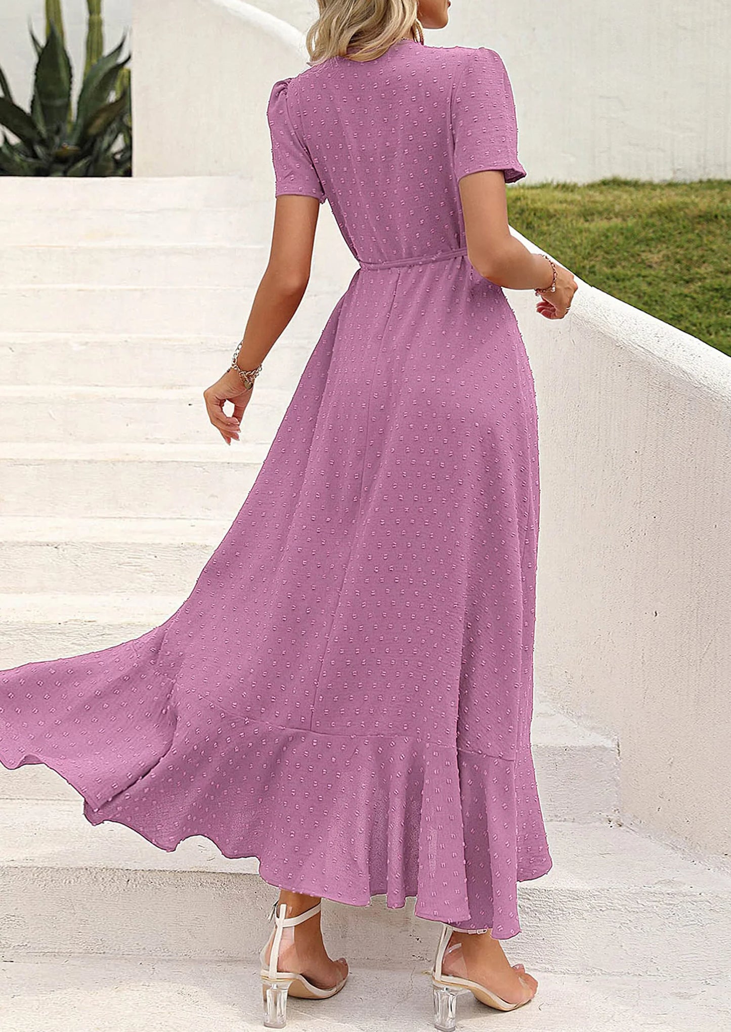 Women's Summer Maxi Dress Casual Wrap Floral Boho Short Sleeve V Neck Split Ruffle Beach Long Dresses