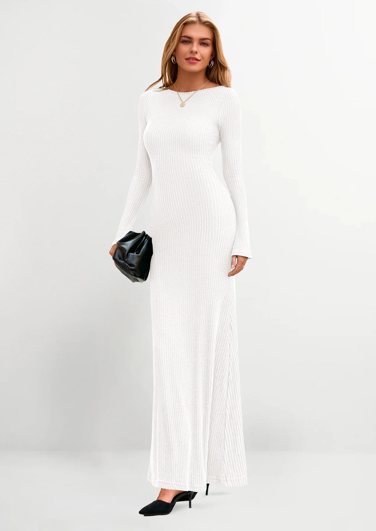 Women's Fall Fashion Long Sleeve Maxi Dress Ribbed Knit Boat Neck Bodycon Casual Dresses Going Out Outfits