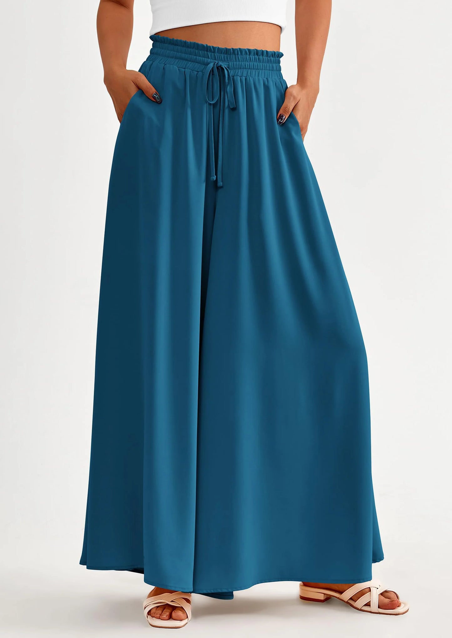 Women's Summer Wide Leg Palazzo Pants High Waisted Flowy Pockets Trendy Casual Lounge Boho Beach Trousers