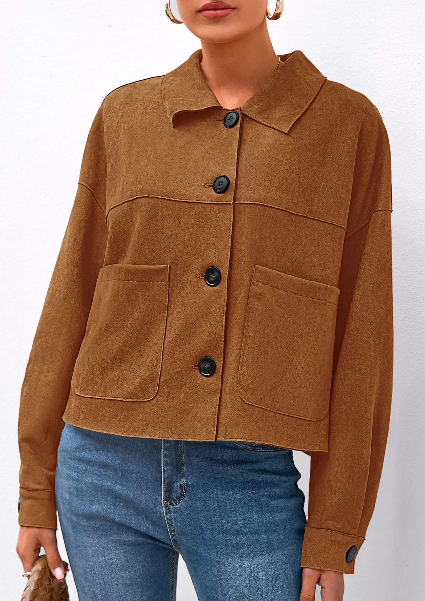 Women's Faux Suede Cropped Jacket Casual Lightweight Fall Fashion Winter Coats Outerwear Trendy Clothes