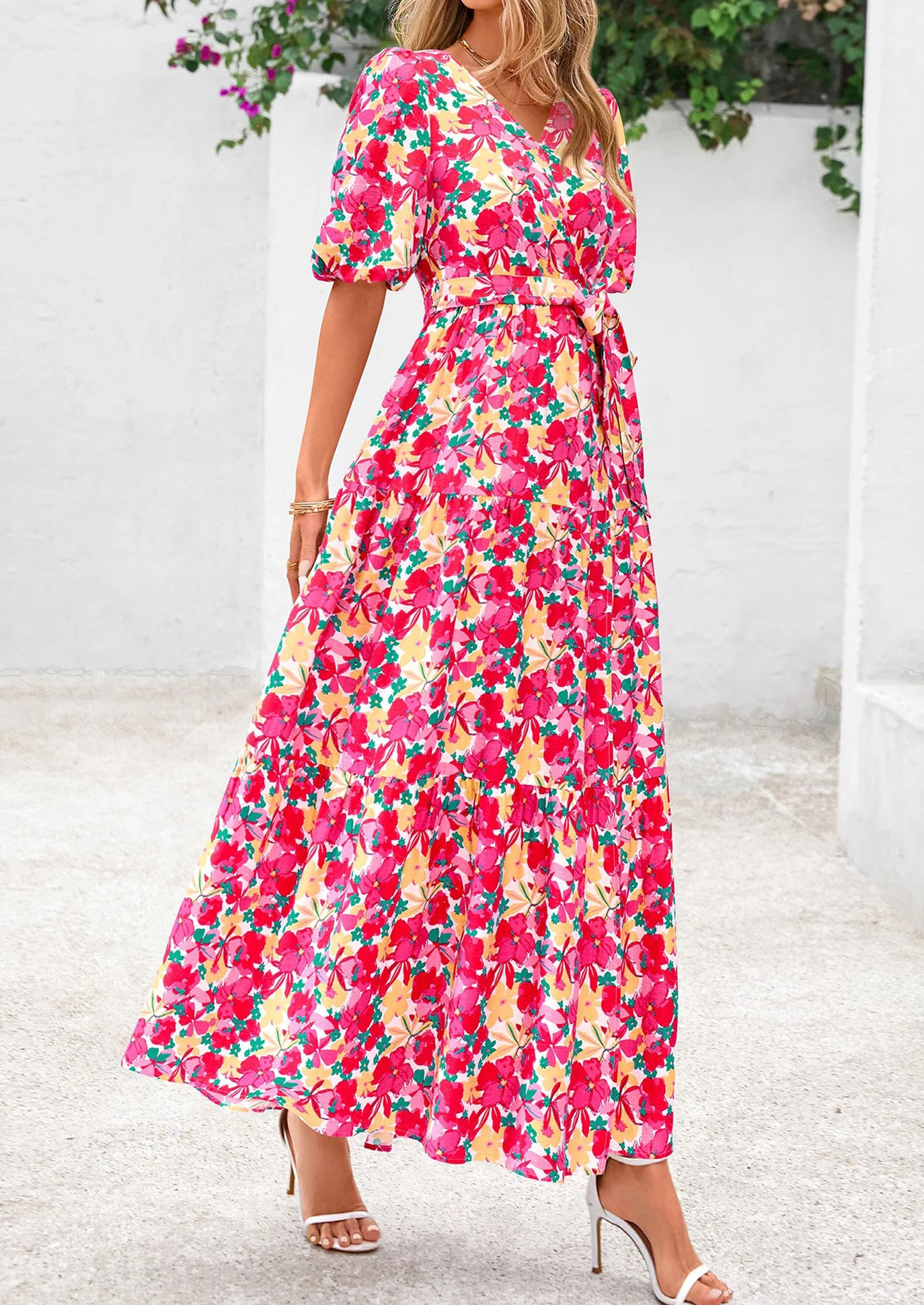 Women's Maxi Dress Resort Wear Boho Floral V Neck Puff Short Sleeve Ruffle Flowy Beach Long Dresses