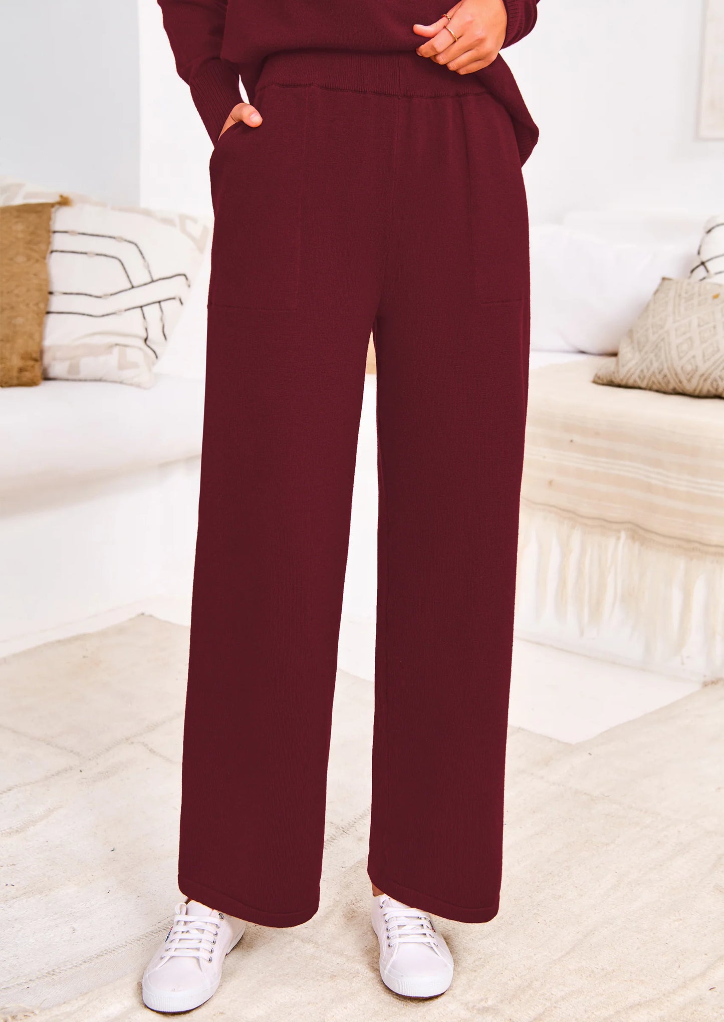 Two Piece Matching Sweater Lounge Sets Knit Long Sleeve Pullover Tops Wide Leg Pants