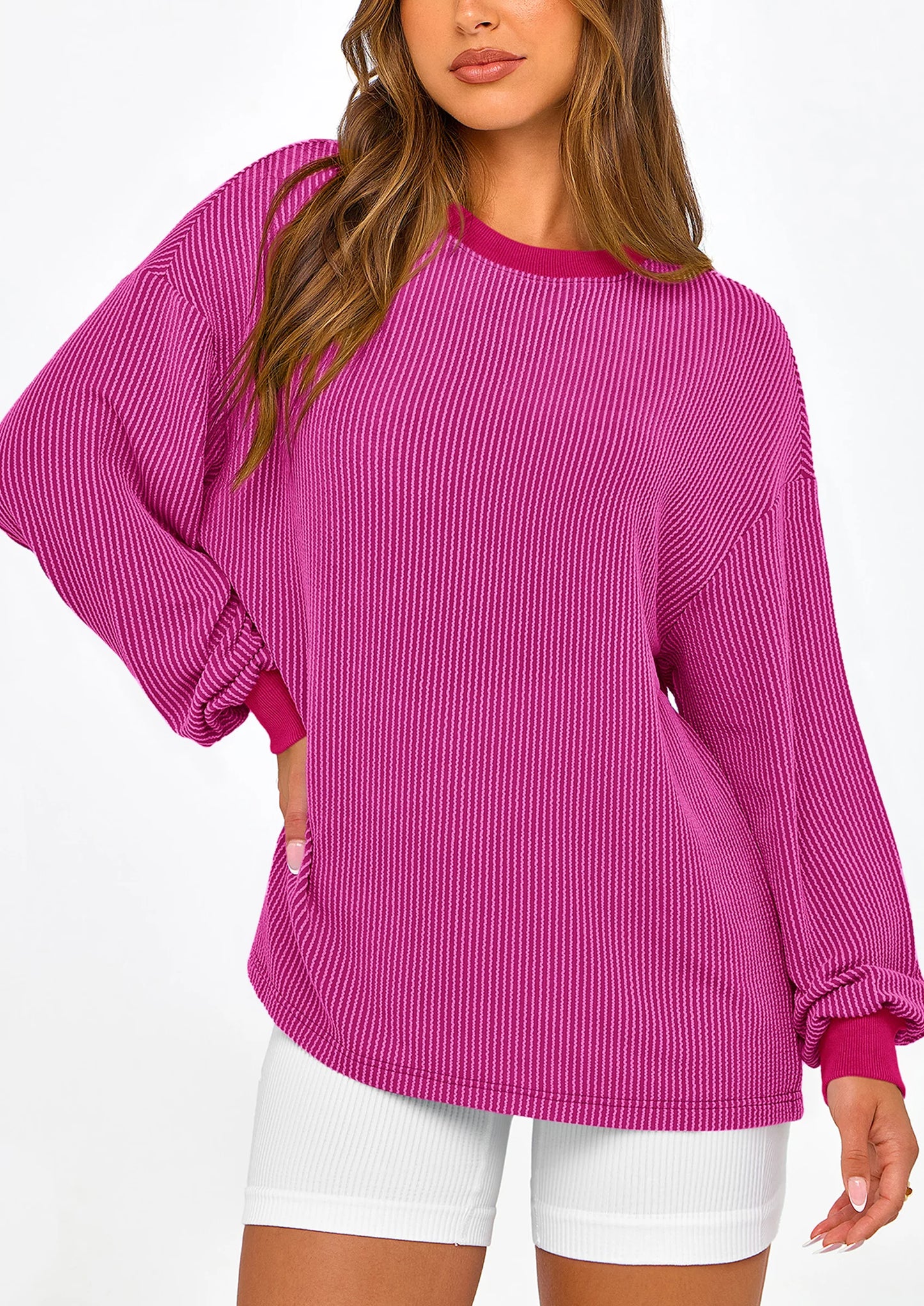 Women's Long Sleeve Tee Shirts Spring Fall Trendy Clothes Casual Loose Crewneck Ribbed Blouse Tunic Tops