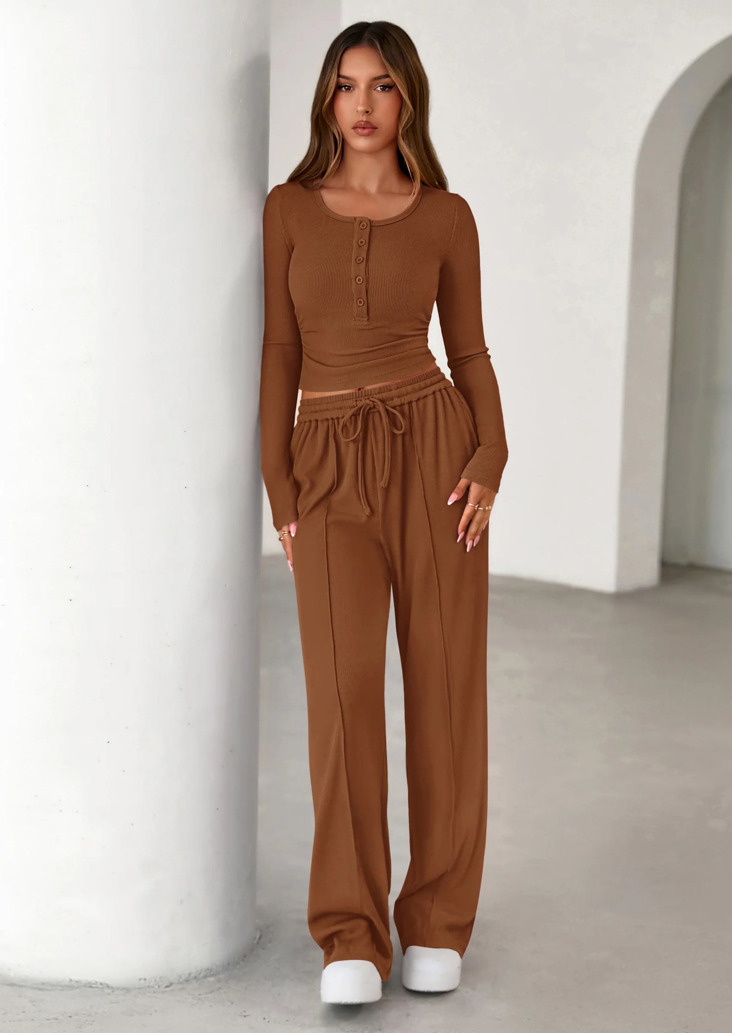 Women's Fall Trendy 2 Piece Outfits Lounge Sets Long Sleeve Top Henley Shirts Wide Leg Pants Travel Clothes