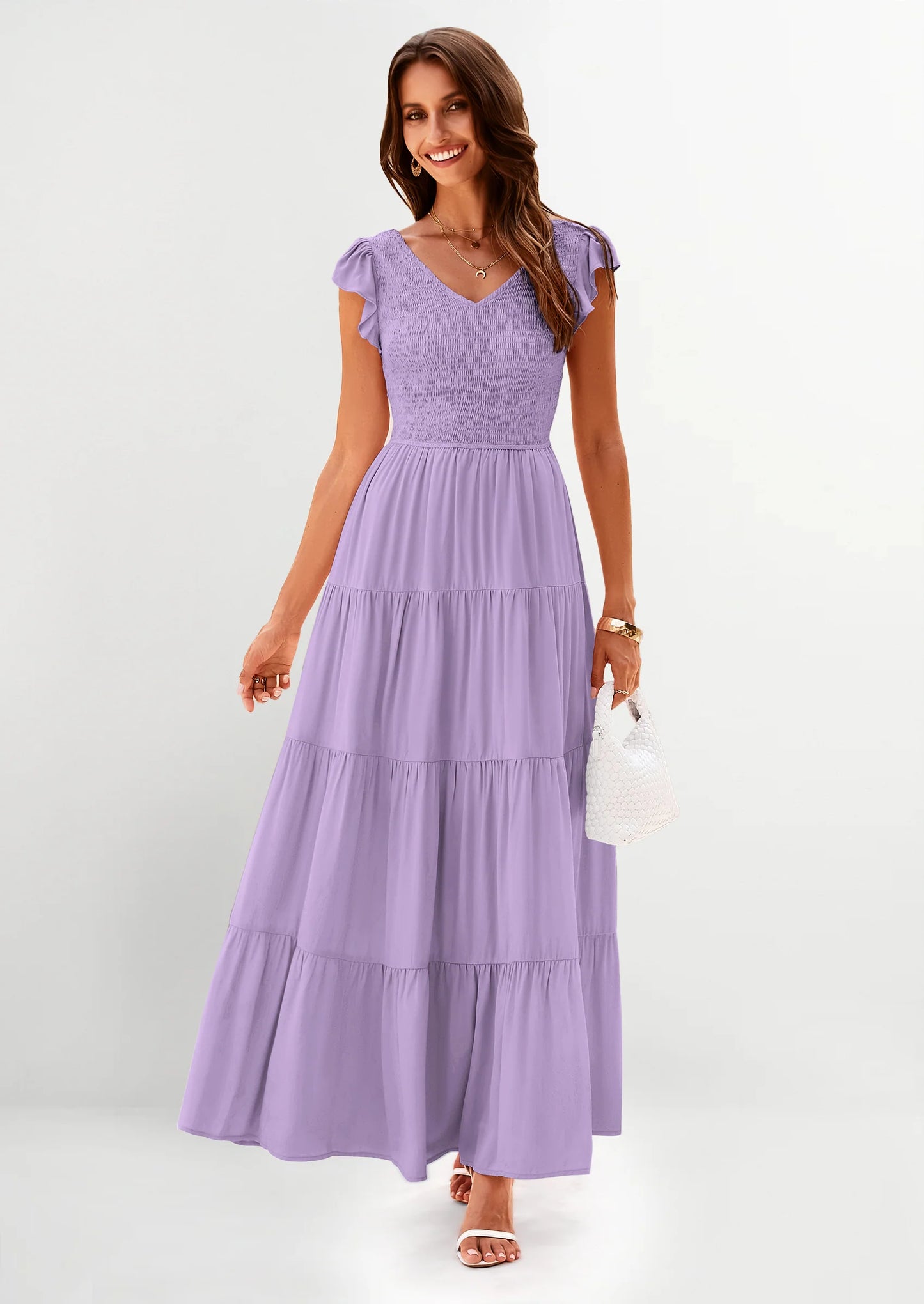 Women's Flowy Maxi Dress Casual Cap Sleeve V Neck Smocked Beach Sundress
