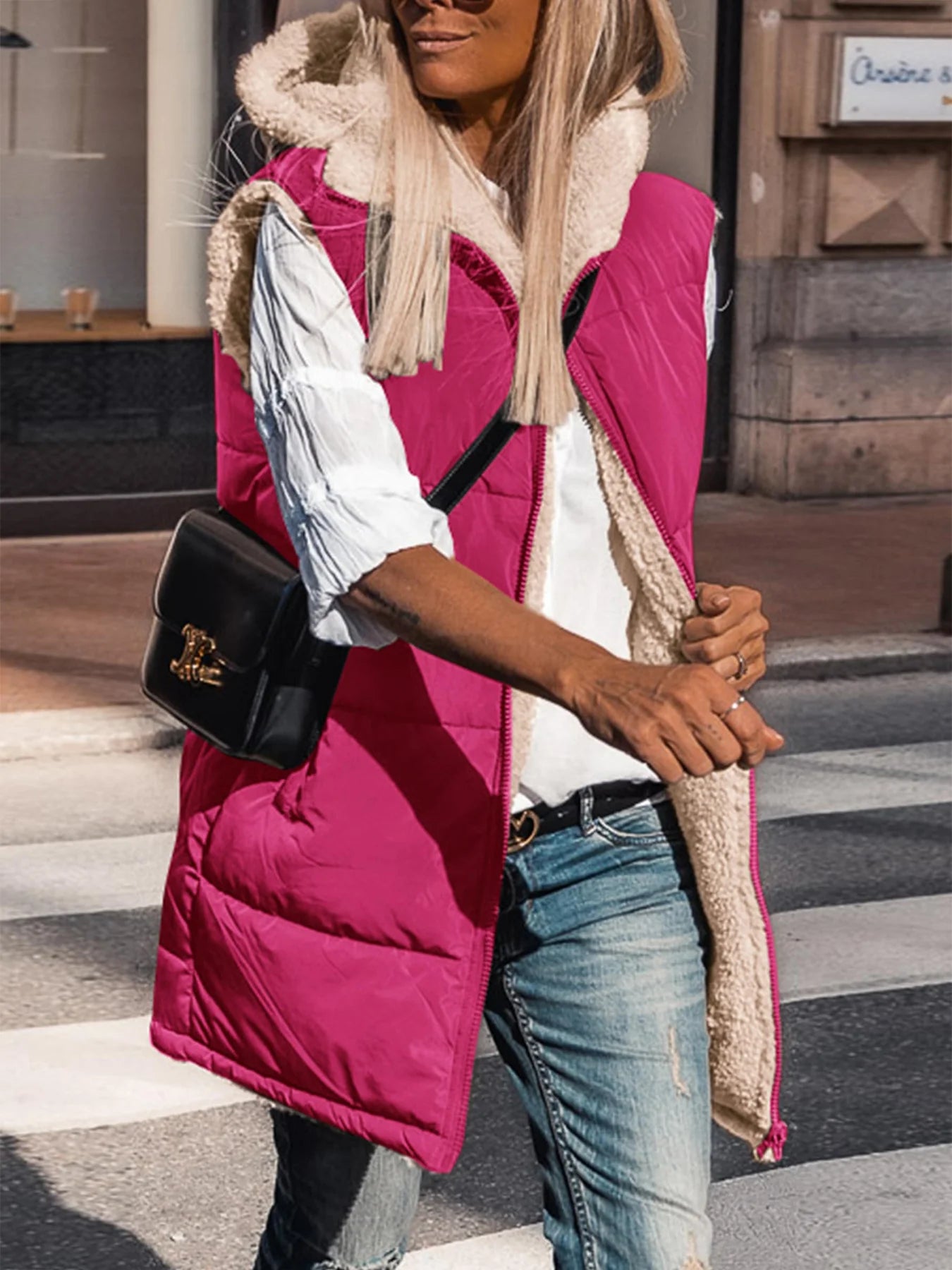 Womens Fall Reversible Vests Sleeveless Fleece Jacket Zip Up Hoodie Pockets Long Warm Winter Coat Outerwear