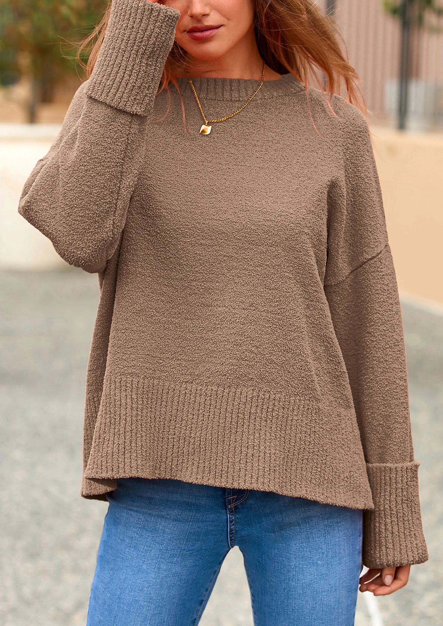 Women's Fall Oversized Sweaters Casual Crewneck Pullover Long Sleeve Fuzzy Chunky Knit Tops Blouse