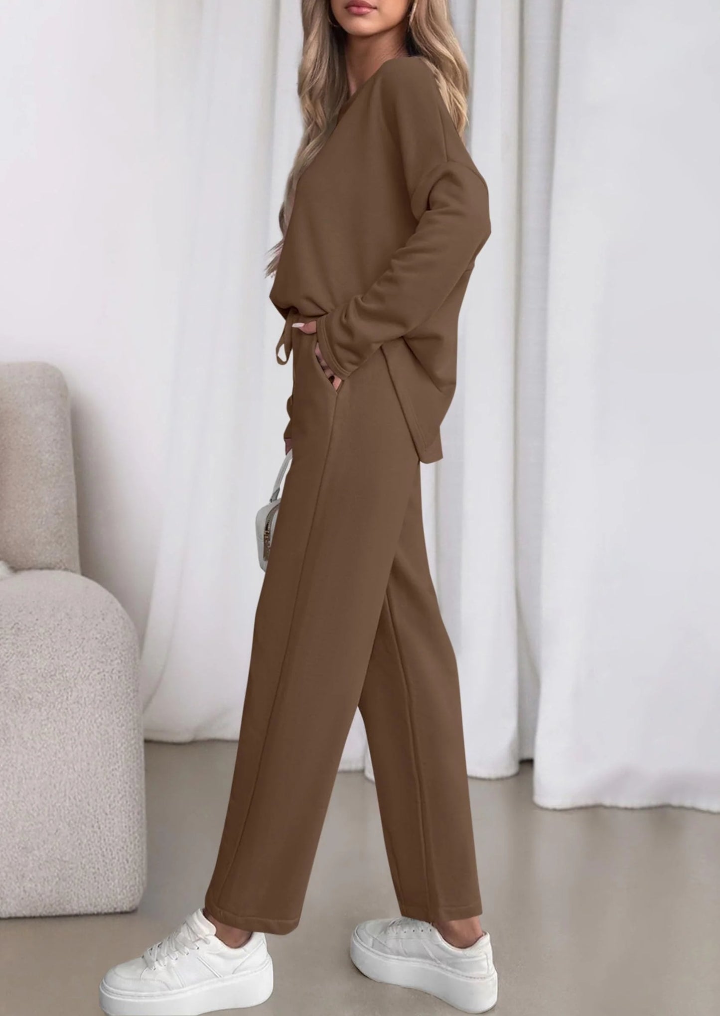 Womens 2 Piece Matching Lounge Sets Fall Long Sleeve Boatneck Sweatsuit Drawstring Sweatpants Pockets