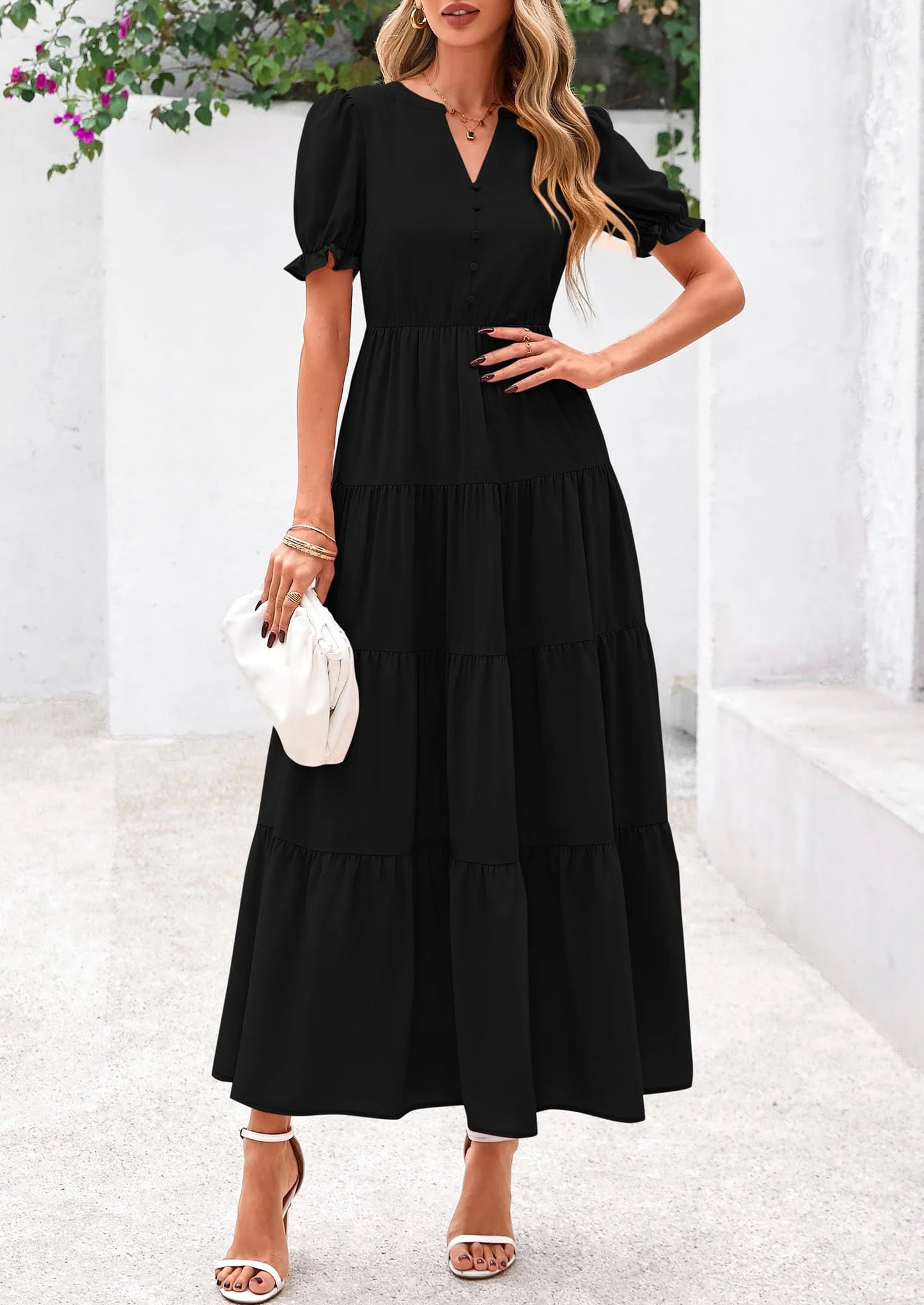 Women's Casual Short Sleeve V Neck Midi Dresses Spring A-line Tiered Wedding Guest Dress
