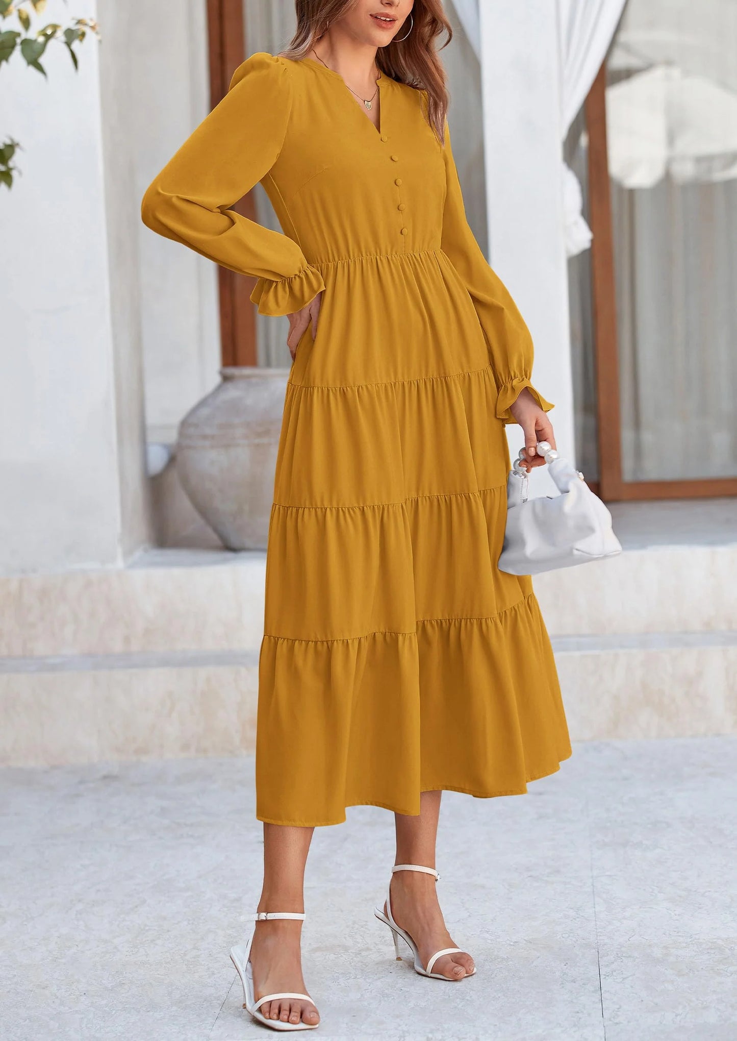 Women Fall Long Sleeve Smocked Maxi Dress Casual Square Neck Swiss Dot Tiered Ruffle Flowy Spring Pocket Dresses