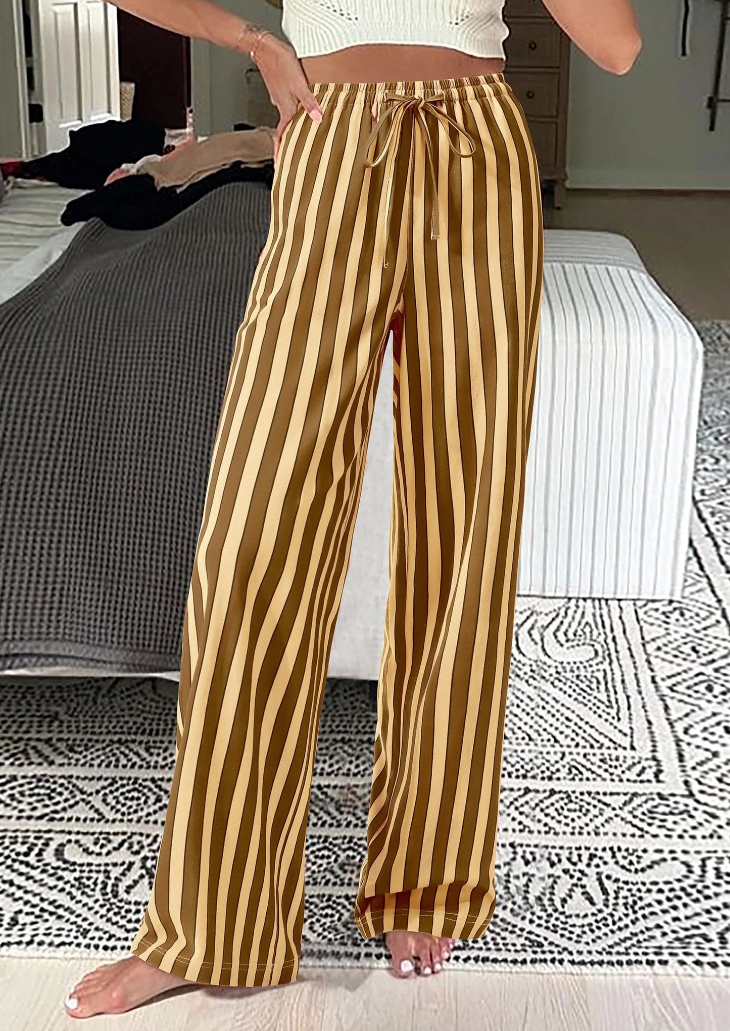 Women's Summer Striped Wide Leg Lounge Pants Trendy Clothes Drawstring Elastic Waist Comfy Pajama Bottoms