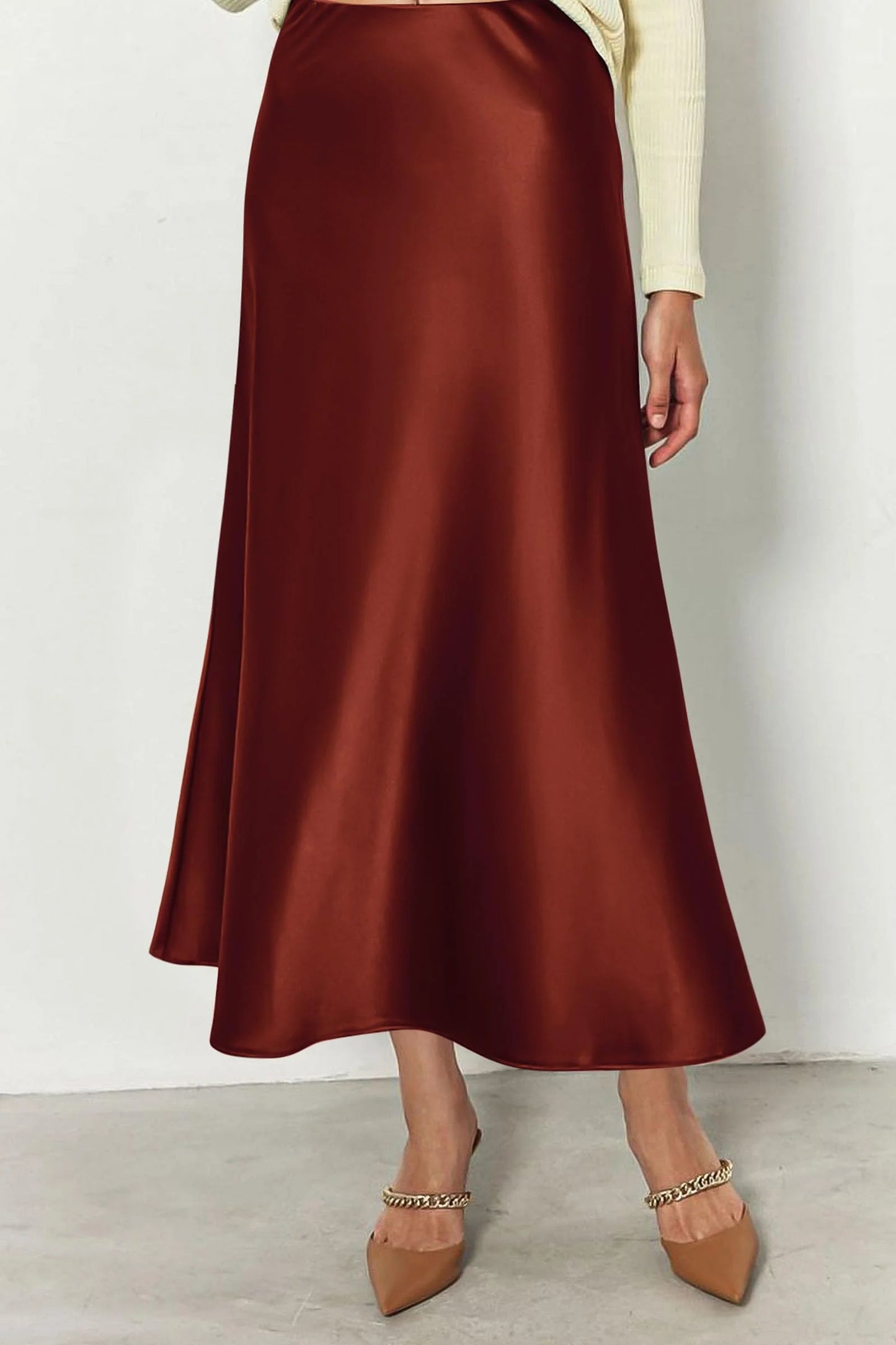 Women's Satin Skirts Dressy Casual Fall High Waisted Cocktail Wedding Flowy Elegant A Line Midi Skirt