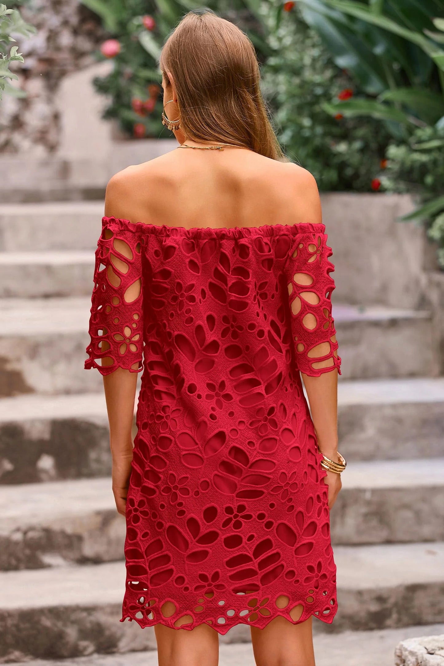 Women's Summer Off Shoulder Dresses Floral Lace Flare Short Sleeve Spring Vintage Elegant Mini Dress