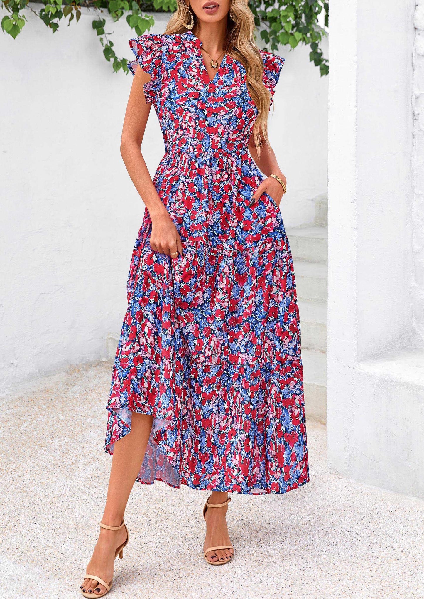 Women's Summer Floral Midi Dress Cap Sleeve V Neck Ruffle Long Flowy Boho Casual Beach Vacation Dresses