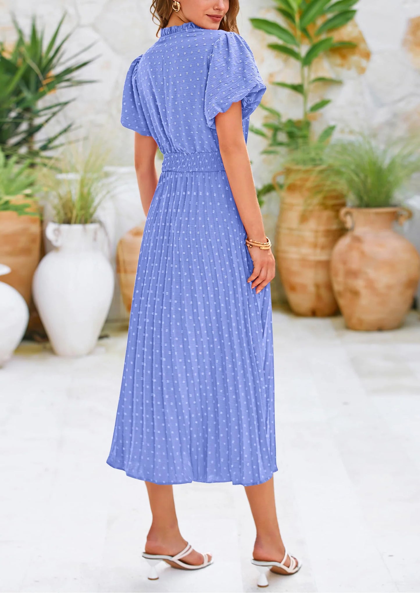 Womens Midi Dresses Puff Short Sleeve V Neck Swiss Dot Pleated A Line Flowy Long Wedding Guest Dress