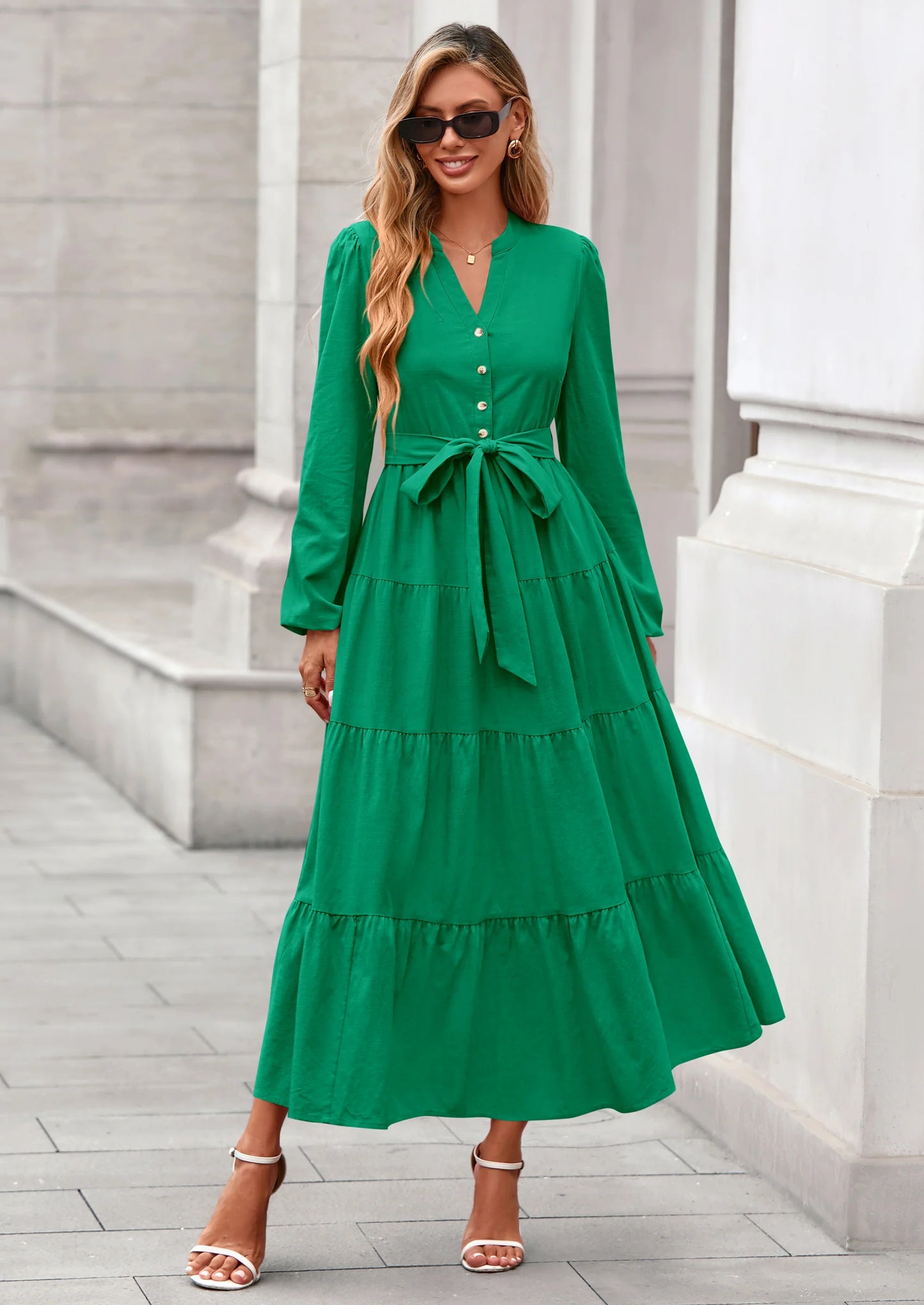 Fall Dresses for Women Long Sleeve V Neck Belted Ruffle A Line Flowy Boho Maxi Wedding Guest Dress Pockets