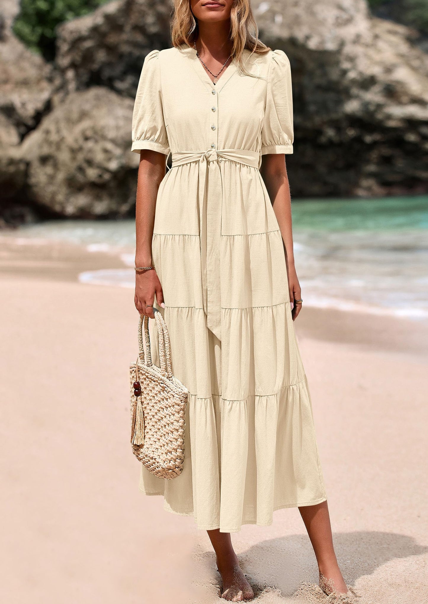 Women's Midi Dress Casual Short Sleeve V Neck Buttons Belted Ruffle A Line Flowy Dress with Pockets