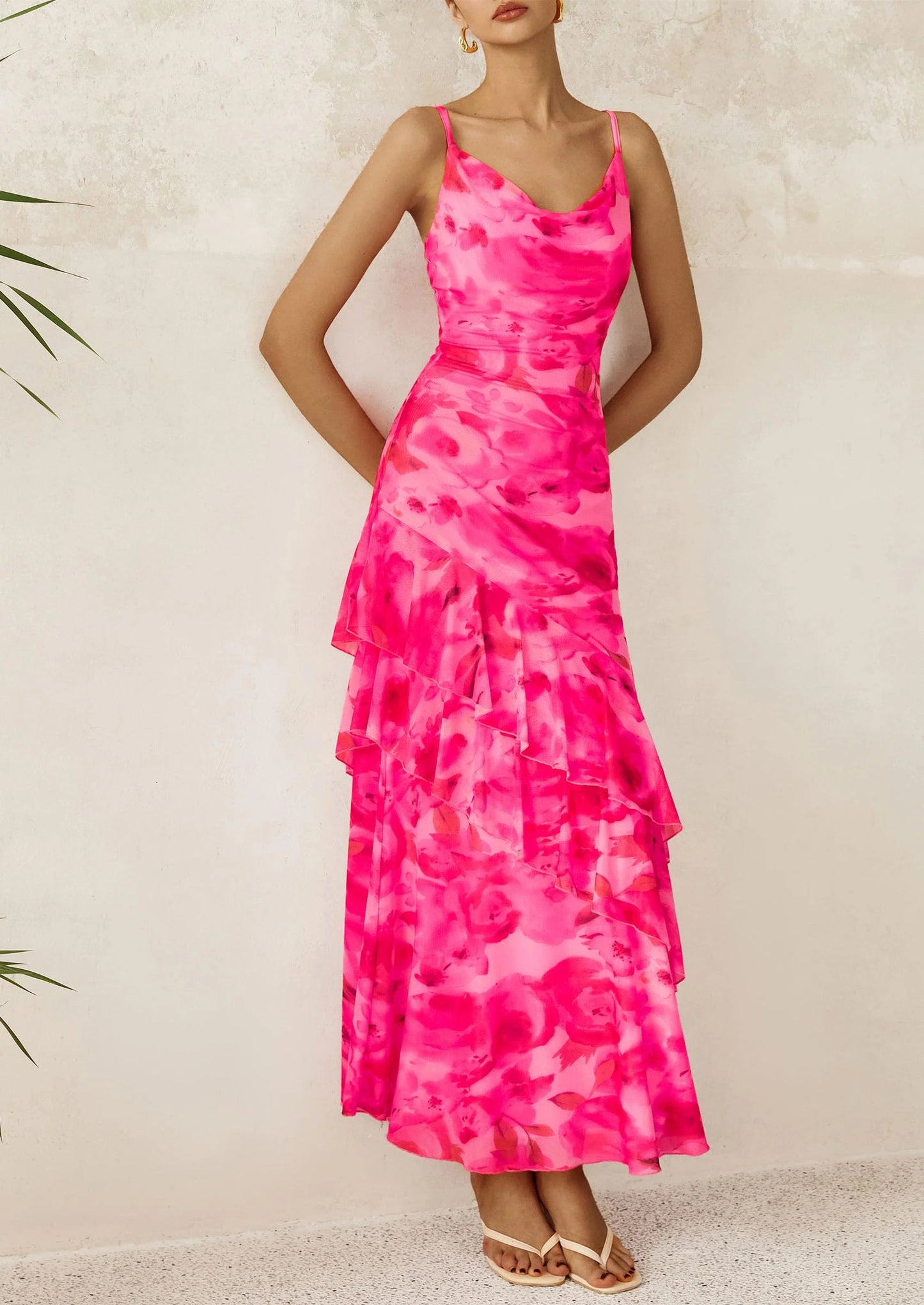 Maxi Dresses for Women Floral Beach Sundress Spaghetti Strap Tiered Wedding Guest Long Dress
