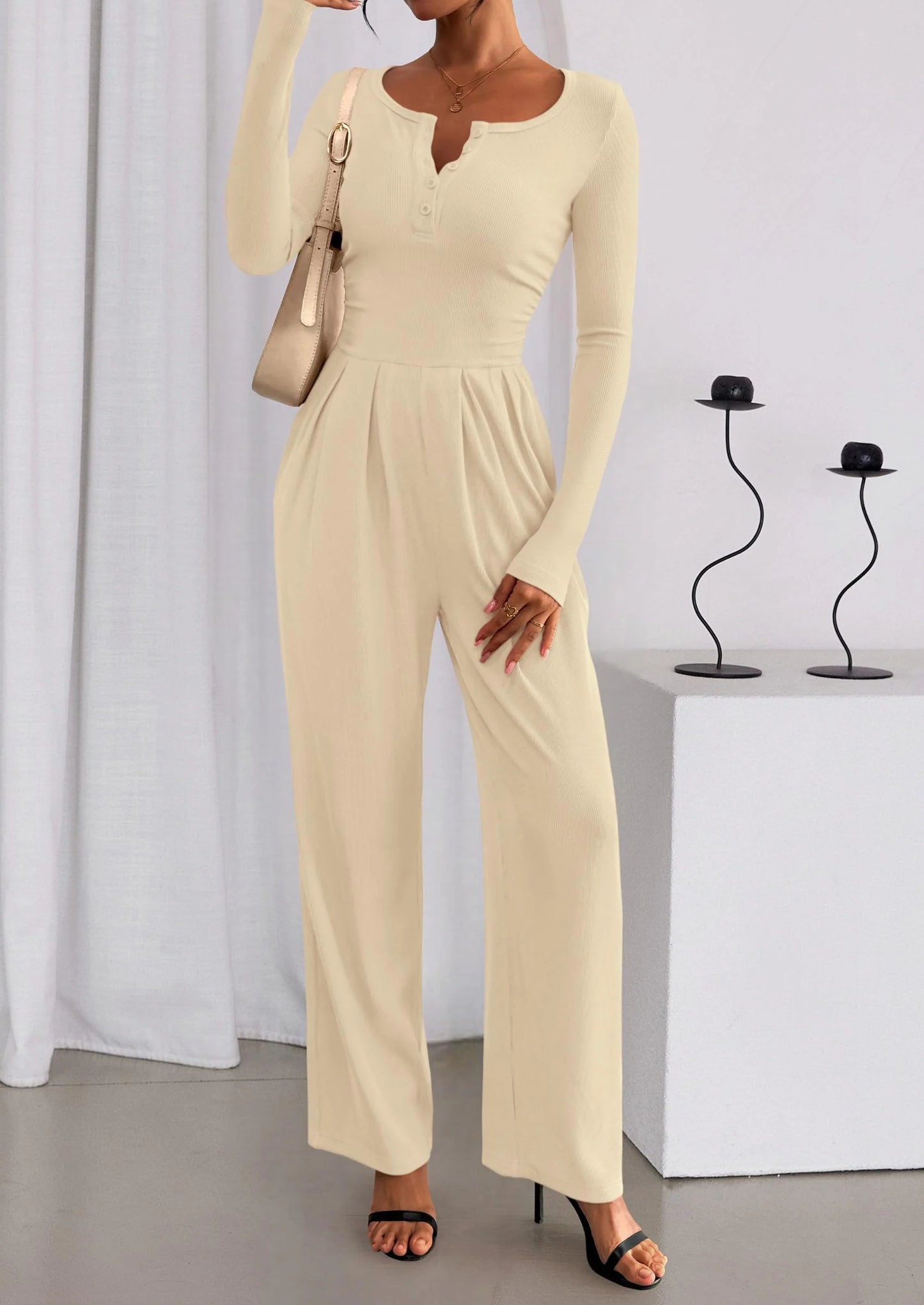 Jumpsuits for Women Dressy Casual Fall One Piece Outfits Long Sleeve Crew Neck Wide Leg Pants Rompers