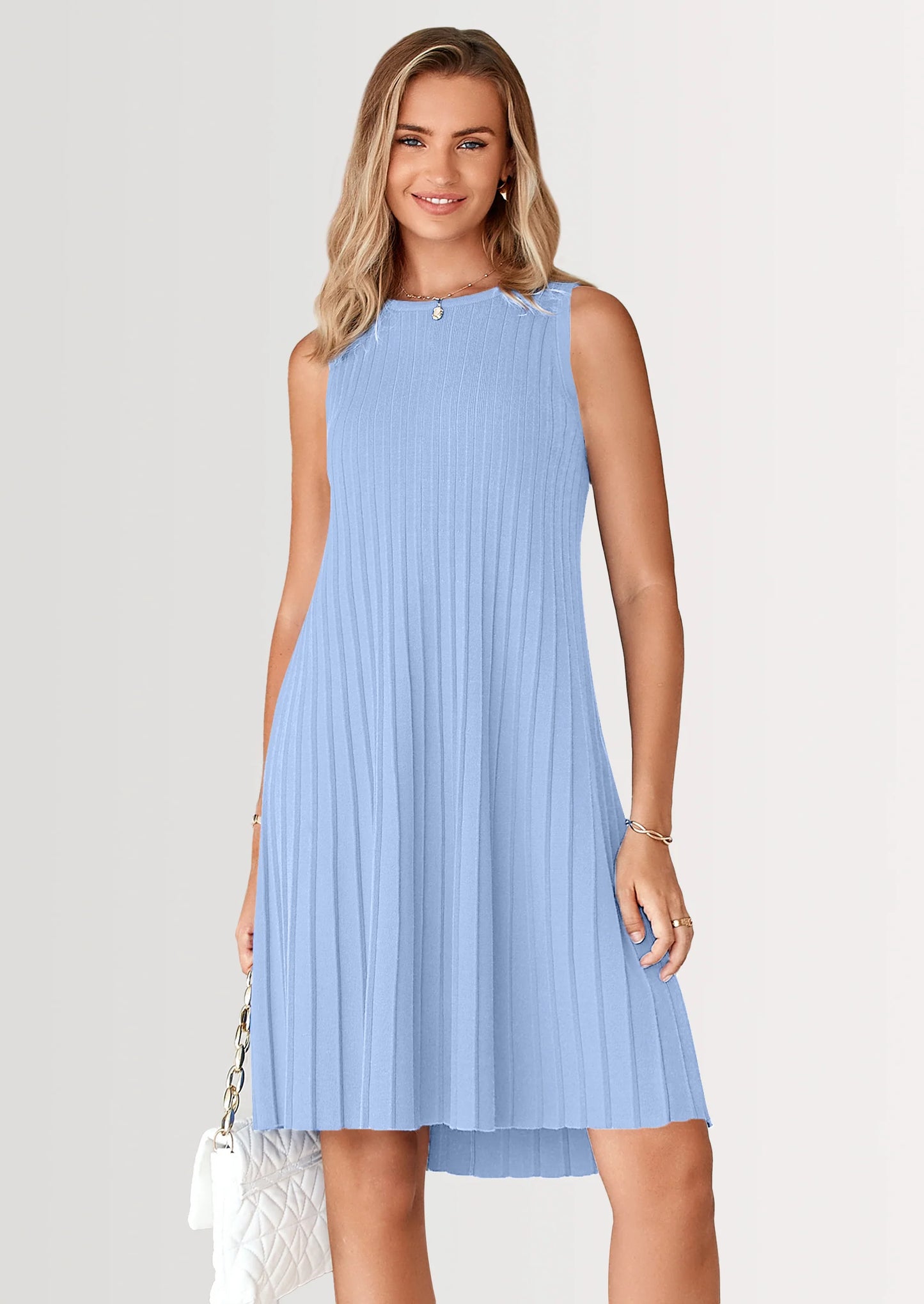 Womens Summer Sleeveless Mini Dress Crewneck Loose Tank A Line Pleated Swing Flowy Party Dresses