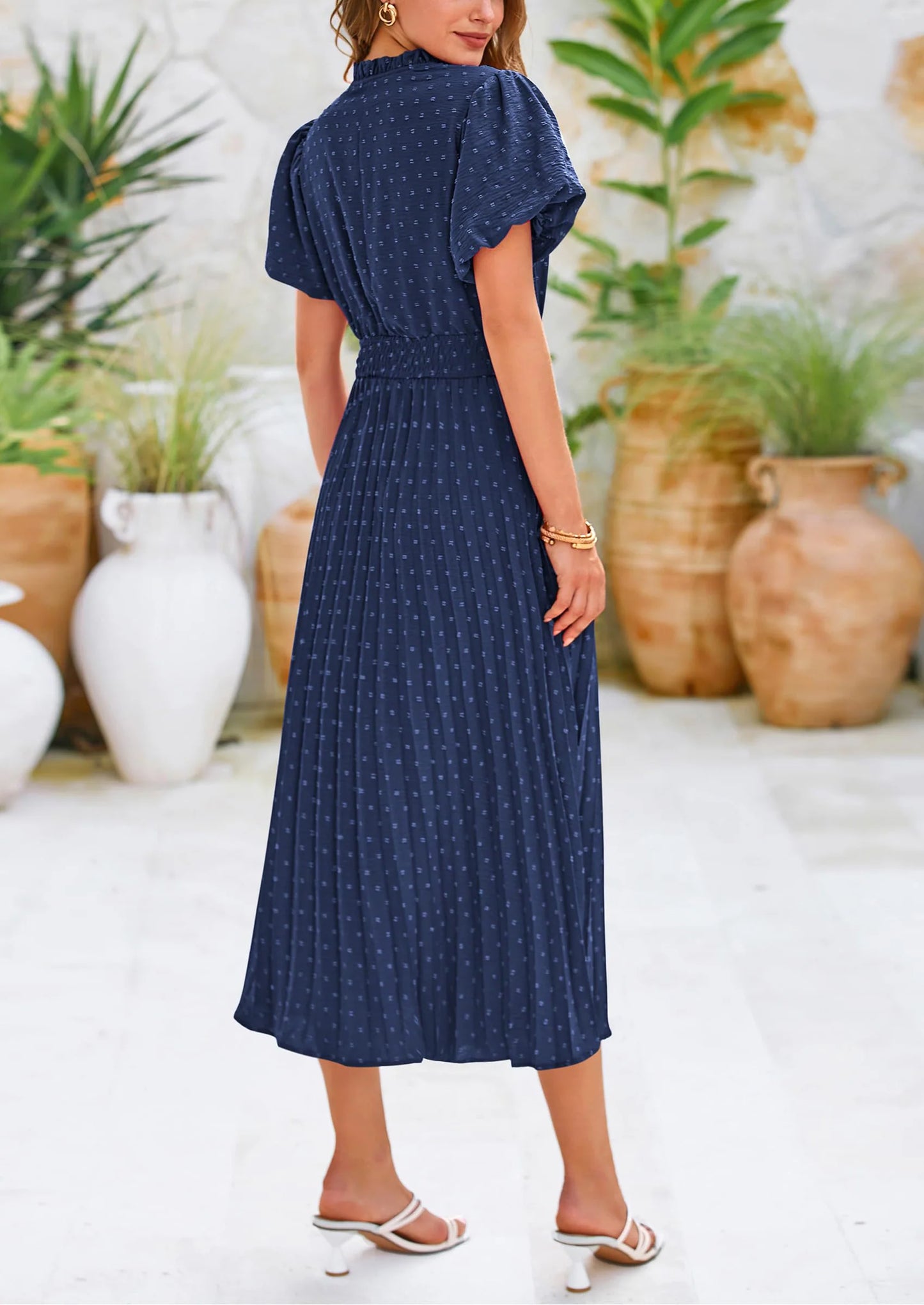 Womens Midi Dresses Puff Short Sleeve V Neck Swiss Dot Pleated A Line Flowy Long Wedding Guest Dress