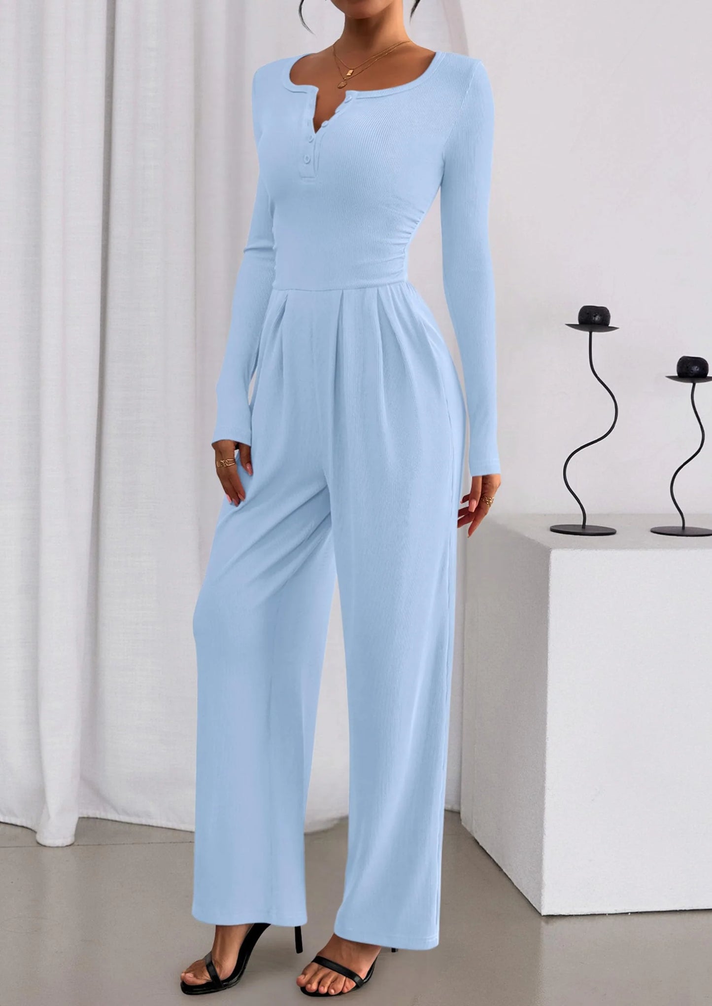 Jumpsuits for Women Dressy Casual Fall One Piece Outfits Long Sleeve Crew Neck Wide Leg Pants Rompers
