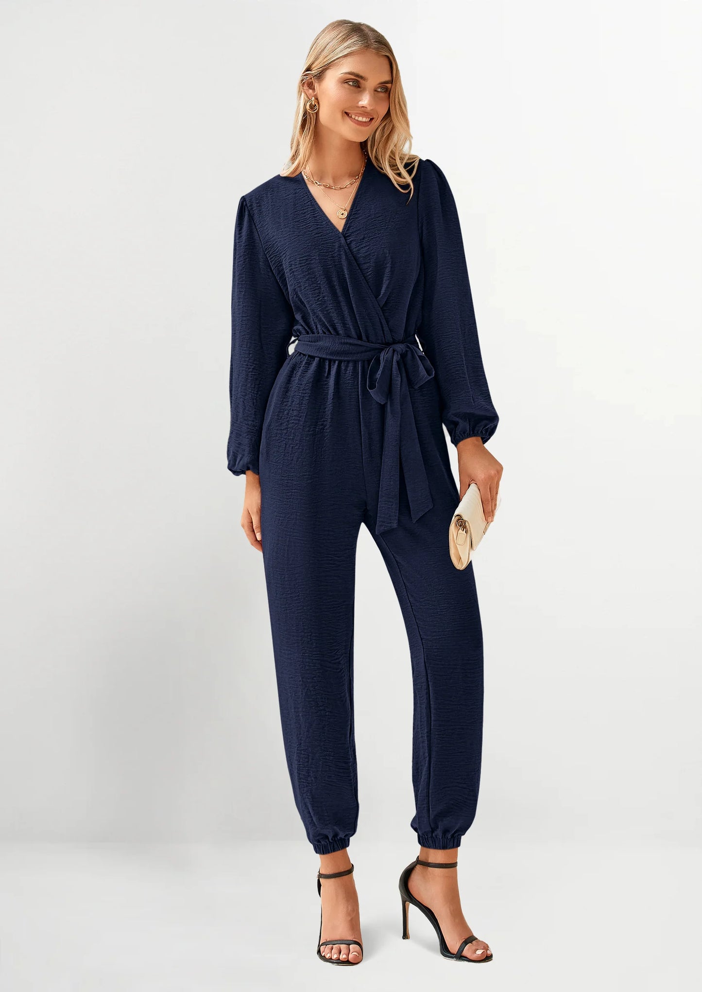 Women's Fall Jumpsuits Dressy Casual Pants Romper Spring Long Sleeve V Neck Belt Pockets One Piece Outfits