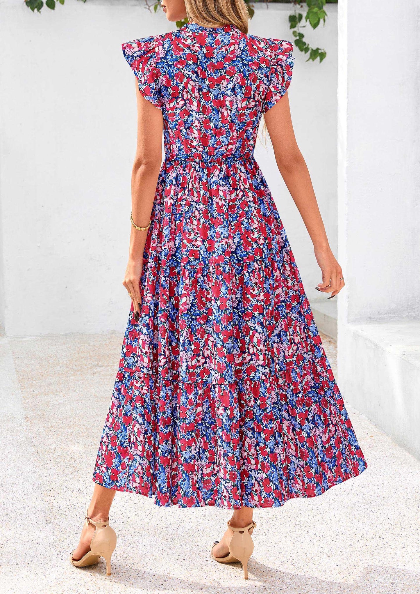 Women's Summer Floral Midi Dress Cap Sleeve V Neck Ruffle Long Flowy Boho Casual Beach Vacation Dresses