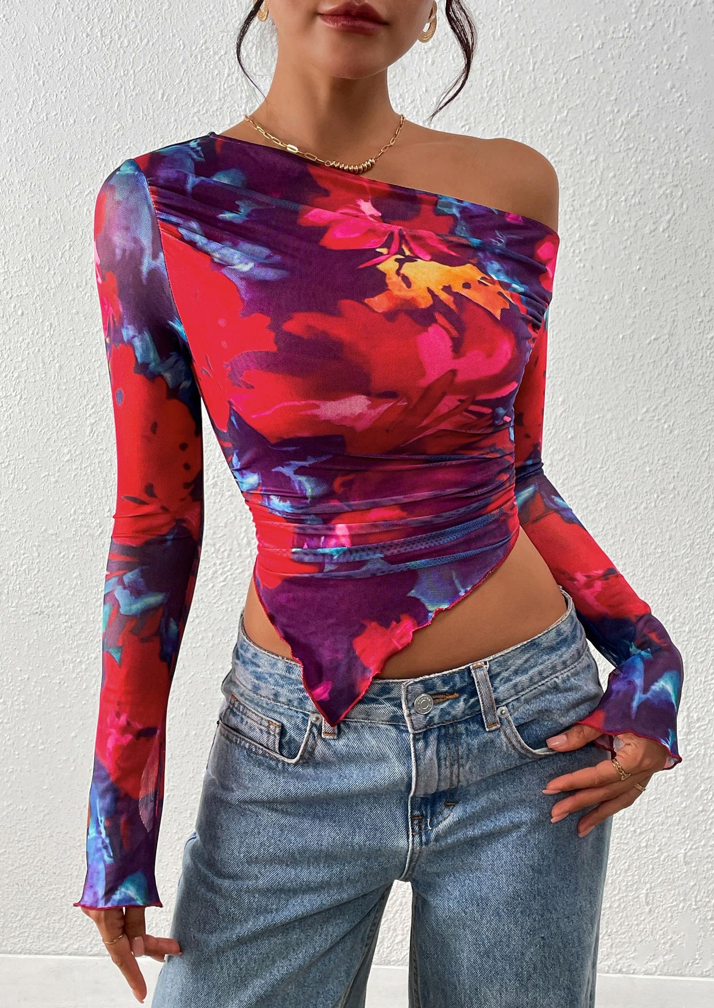 Womens Fall Trendy Off Shoulder Tops Tie Dye Mesh Long Sleeve Shirts Asymmetrical Ruched Floral Blouse