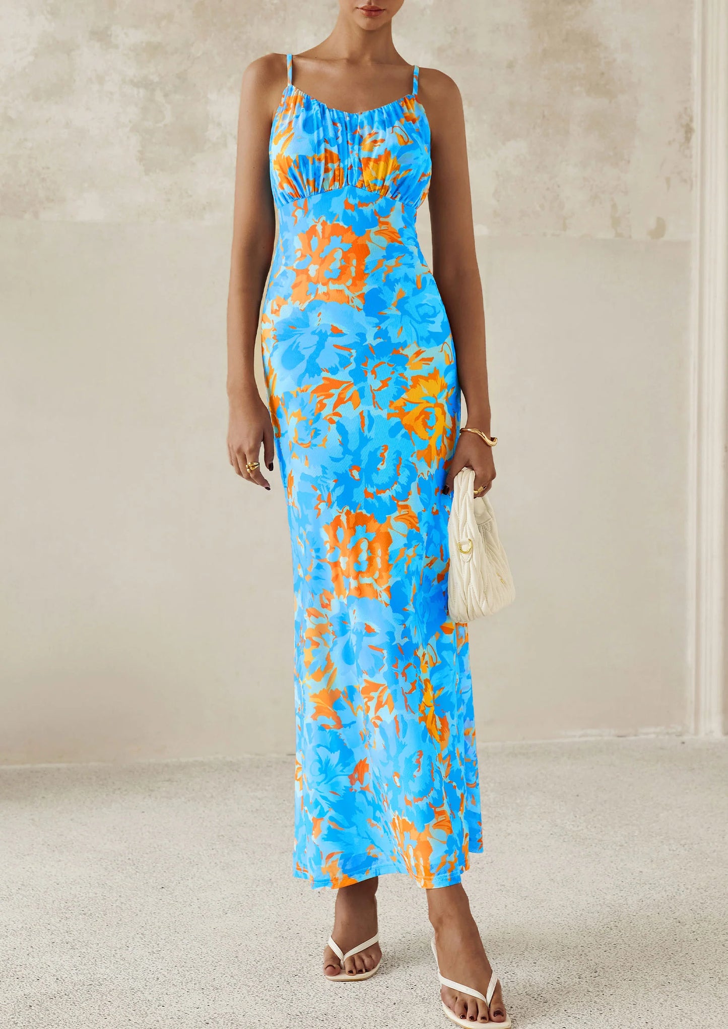 Women's Bodycon Maxi Dress Floral Sundress Sleeveless Spaghetti Strap Cocktail Party Dress