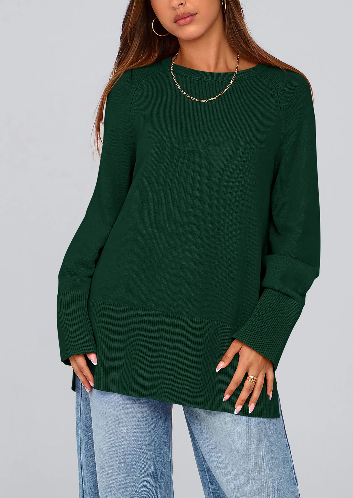 Women's Knit Fall Sweaters Long Sleeve Pullover Crewneck Split Hem Oversized Tunic Sweater Tops Winter Clothing